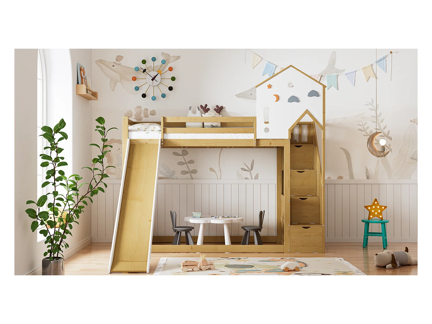 Lit superposé avec échelle d'angle, toit et fenêtres, avec rangement, cadre en pin, blanc et naturel (245x237x216.5 cm)