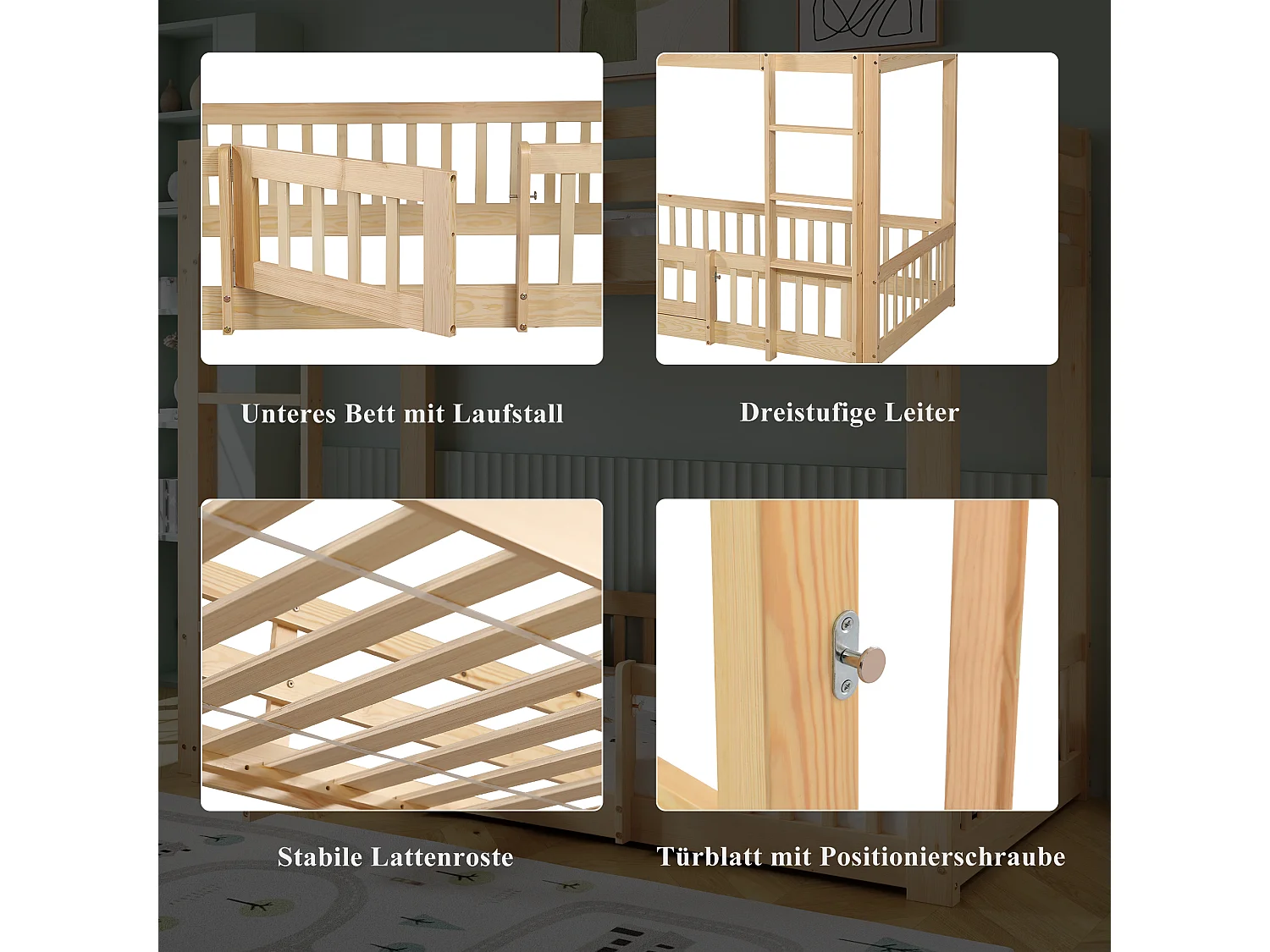 Stapelbed met rechte ladder, met deur en leuning, vrije ruimte onder het bed, massief houten frame + LVL, Naturel (204x100,5x150 cm)