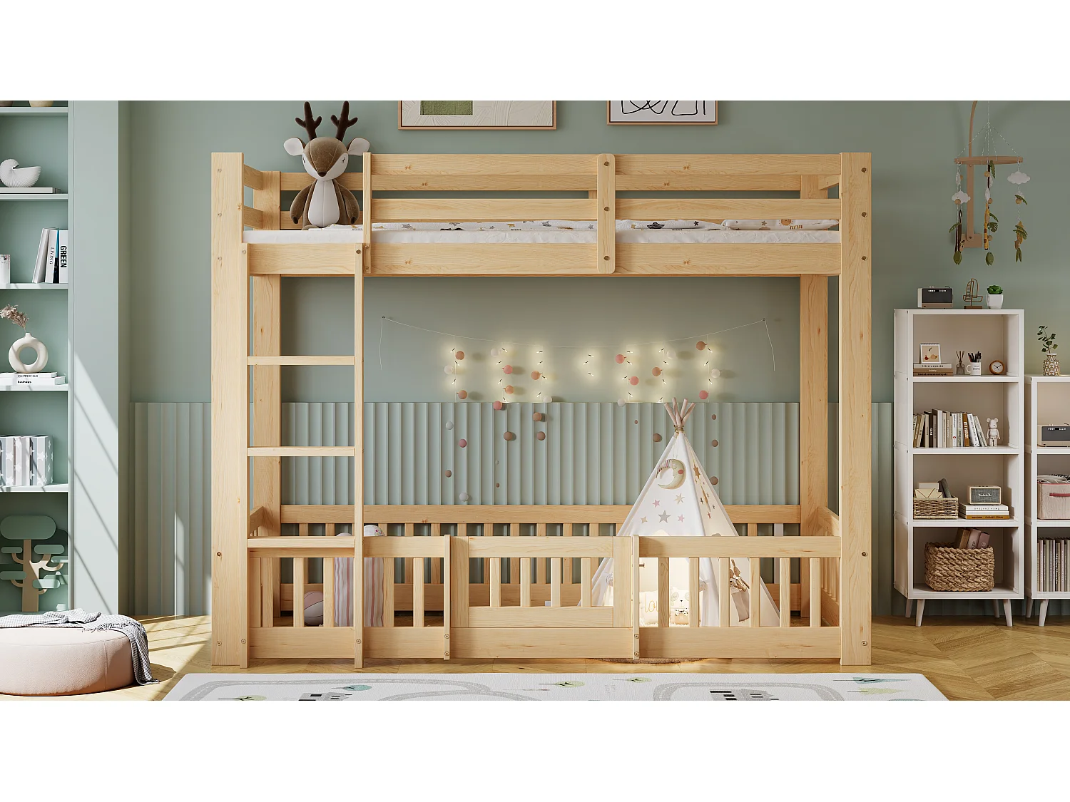 Stapelbed met rechte ladder, met deur en leuning, vrije ruimte onder het bed, massief houten frame + LVL, Naturel (204x100,5x150 cm)