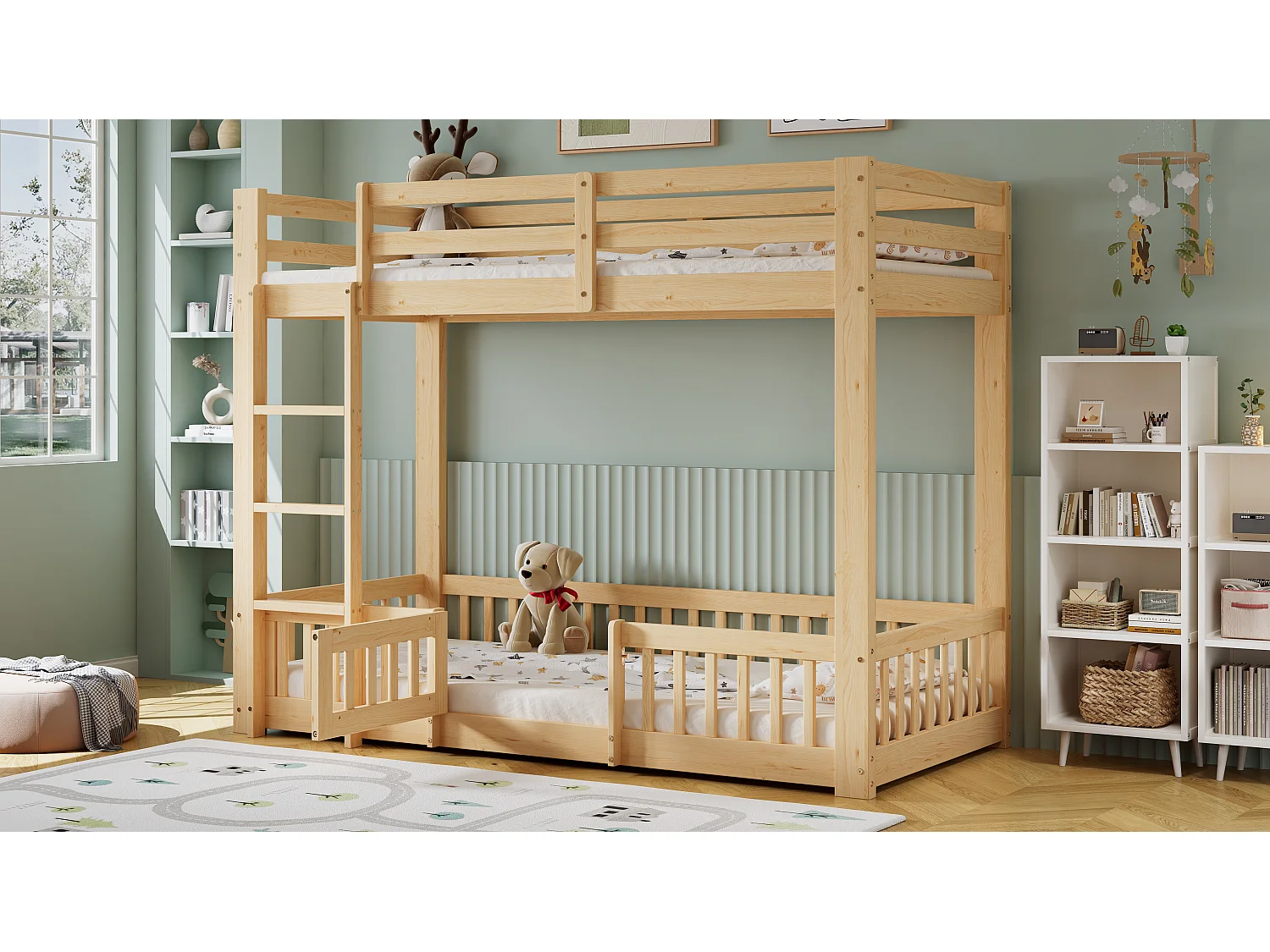 Stapelbed met rechte ladder, met deur en leuning, vrije ruimte onder het bed, massief houten frame + LVL, Naturel (204x100,5x150 cm)