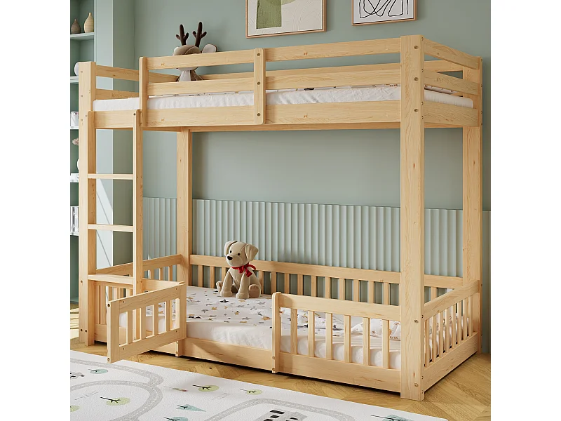 Litera con escalera recta, con puerta y barandilla, espacio libre bajo la cama, estructura de madera maciza + LVL, Natural (204x100,5x150 cm)