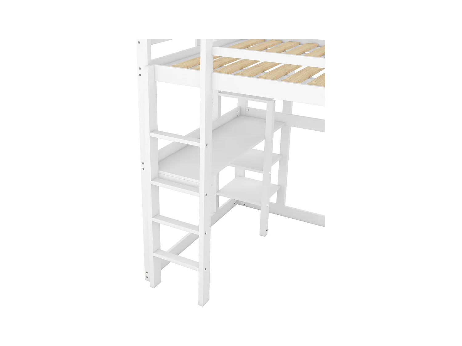 Kinderstapelbed, 140x200 cm, frame van grenenhout, met 4 opbergplanken en bureau onder het bed, wit (206x150x185 cm)