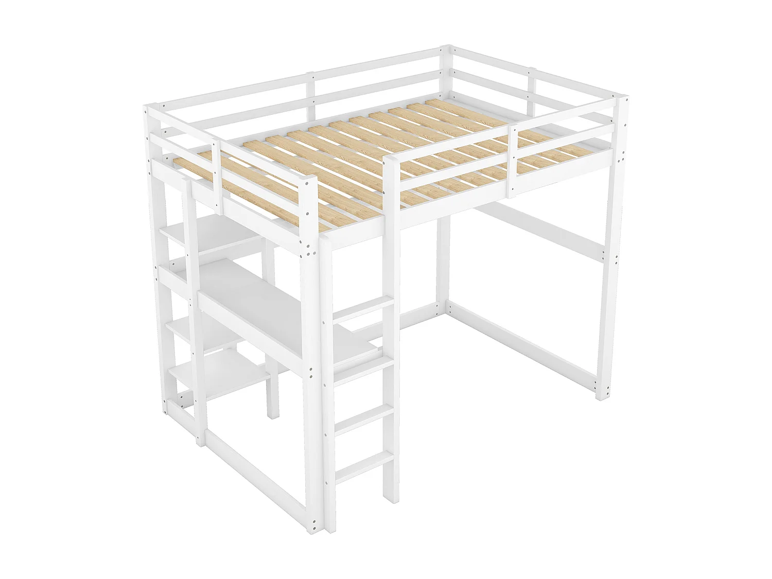 Lit superposé pour enfants, 140x200 cm, cadre en pin, avec 4 étagères de rangement et bureau sous le lit, blanc (206x150x185 cm)