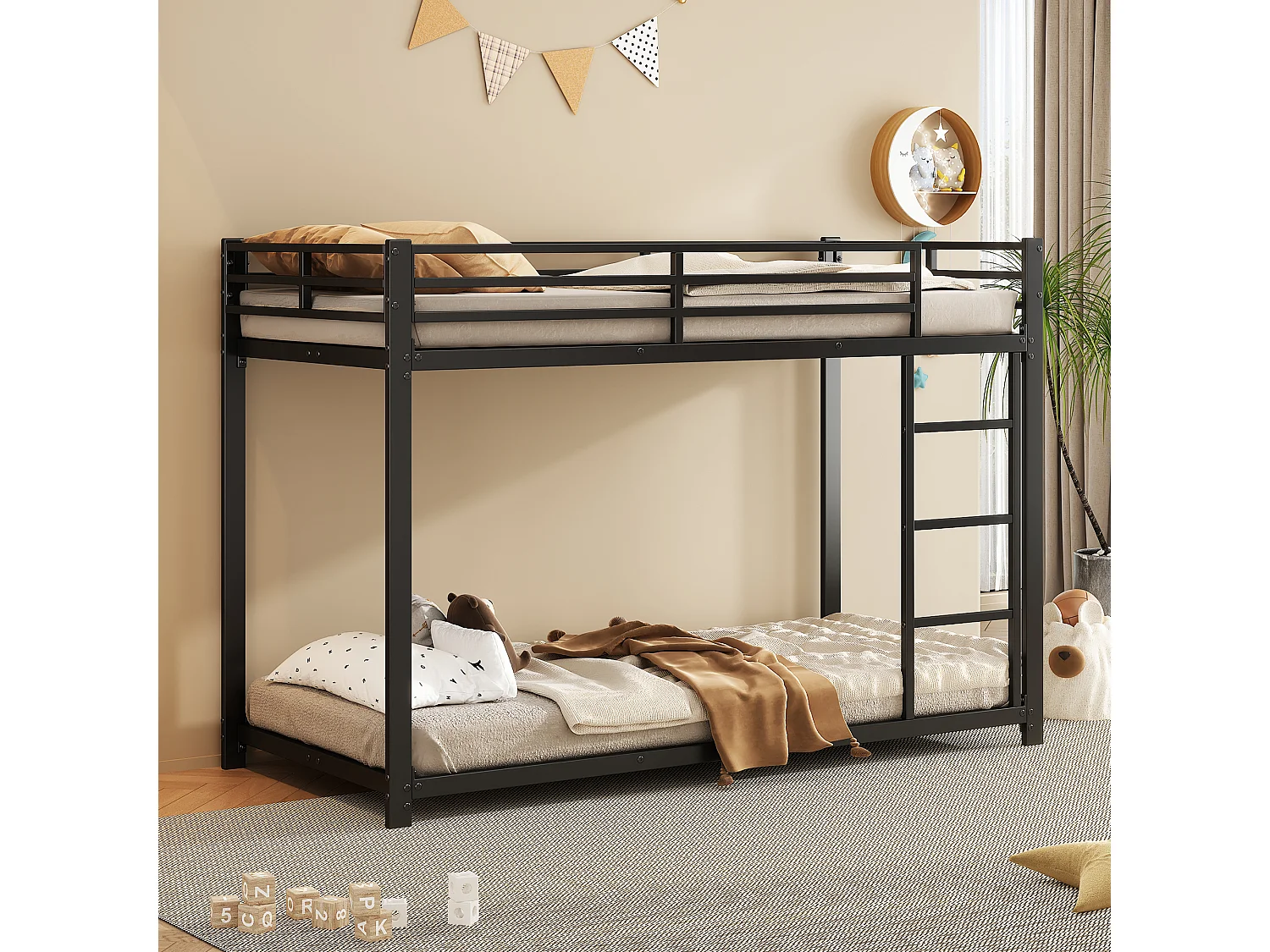 Stapelbed 90x200 cm, klassiek metalen bed, met planken en veel opbergruimte, wit (203x94,5x140 cm)