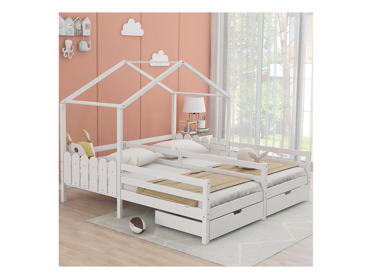 Huisbed met dak en rails, stapelbed met 2 lades van MDF, massief houten frame, wit (200x90cm)