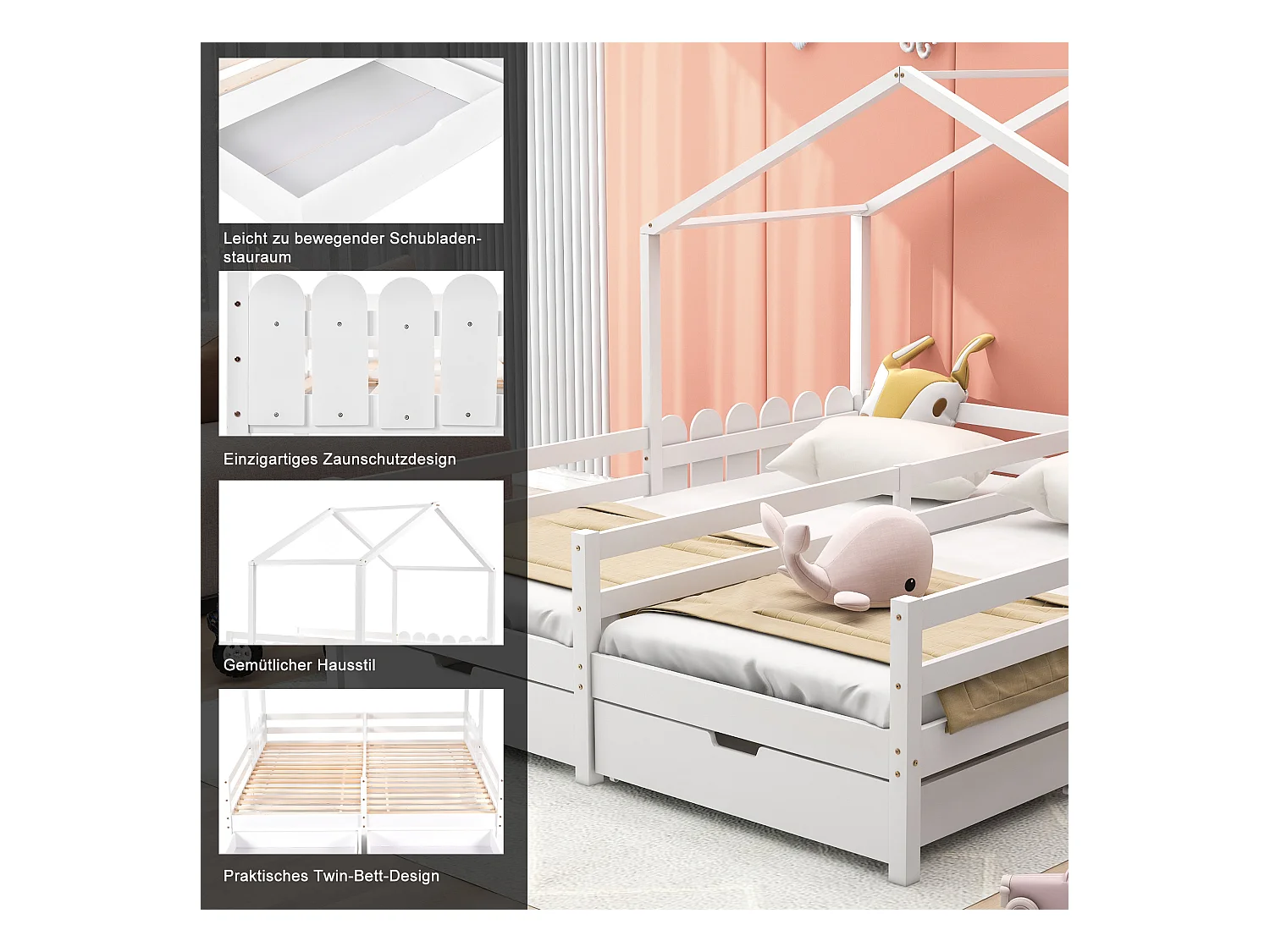 Huisbed met dak en rails, stapelbed met 2 lades van MDF, massief houten frame, wit (200x90cm)