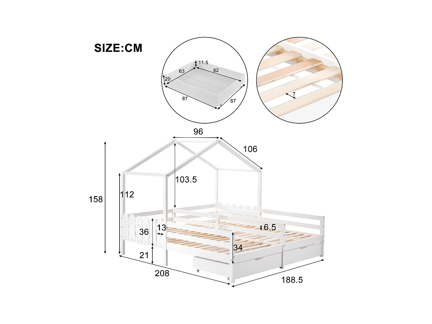 Huisbed met dak en rails, stapelbed met 2 lades van MDF, massief houten frame, wit (200x90cm)