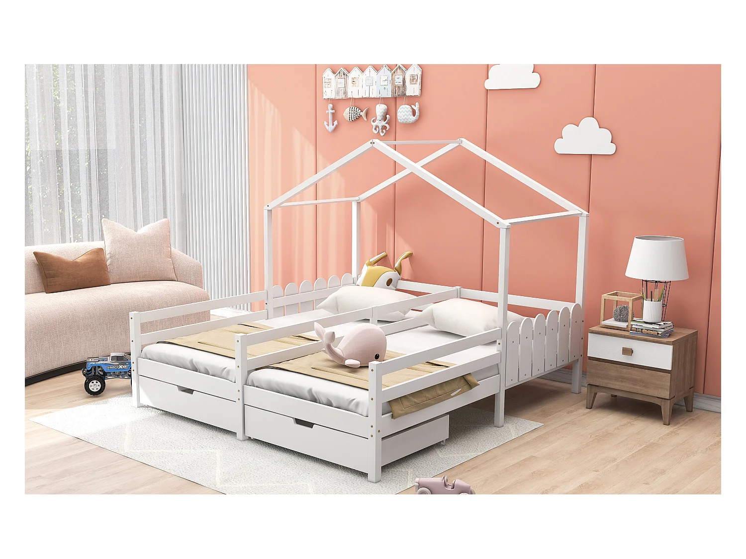 Huisbed met dak en rails, stapelbed met 2 lades van MDF, massief houten frame, wit (200x90cm)