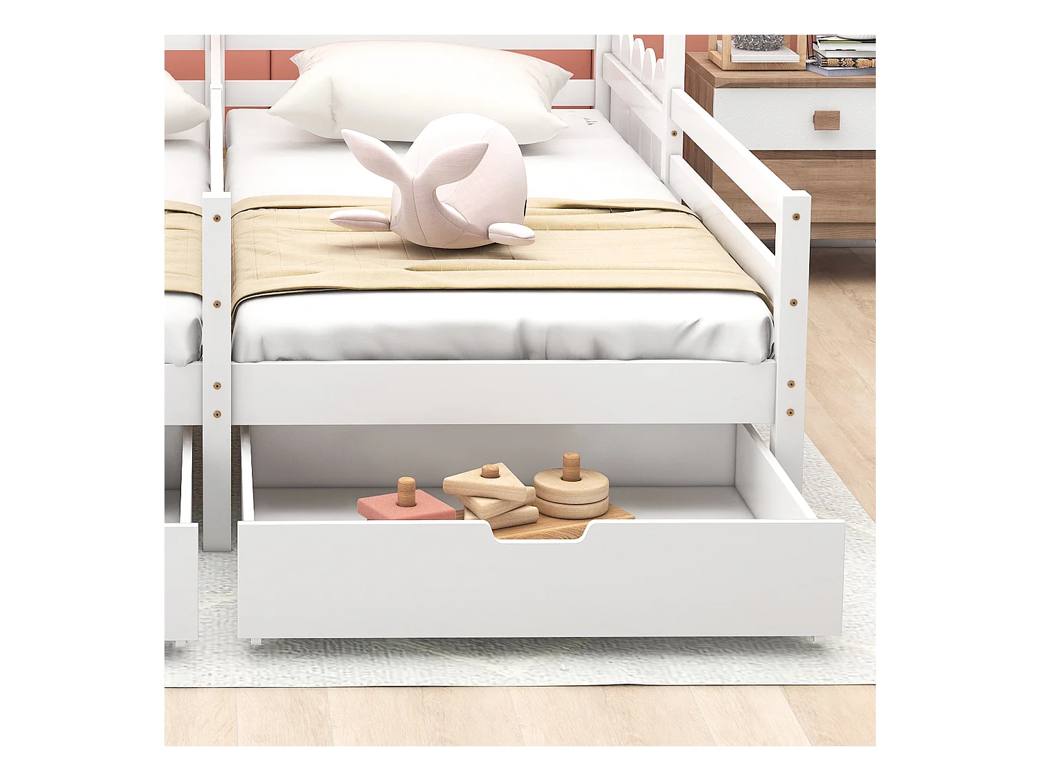 Huisbed met dak en rails, stapelbed met 2 lades van MDF, massief houten frame, wit (200x90cm)