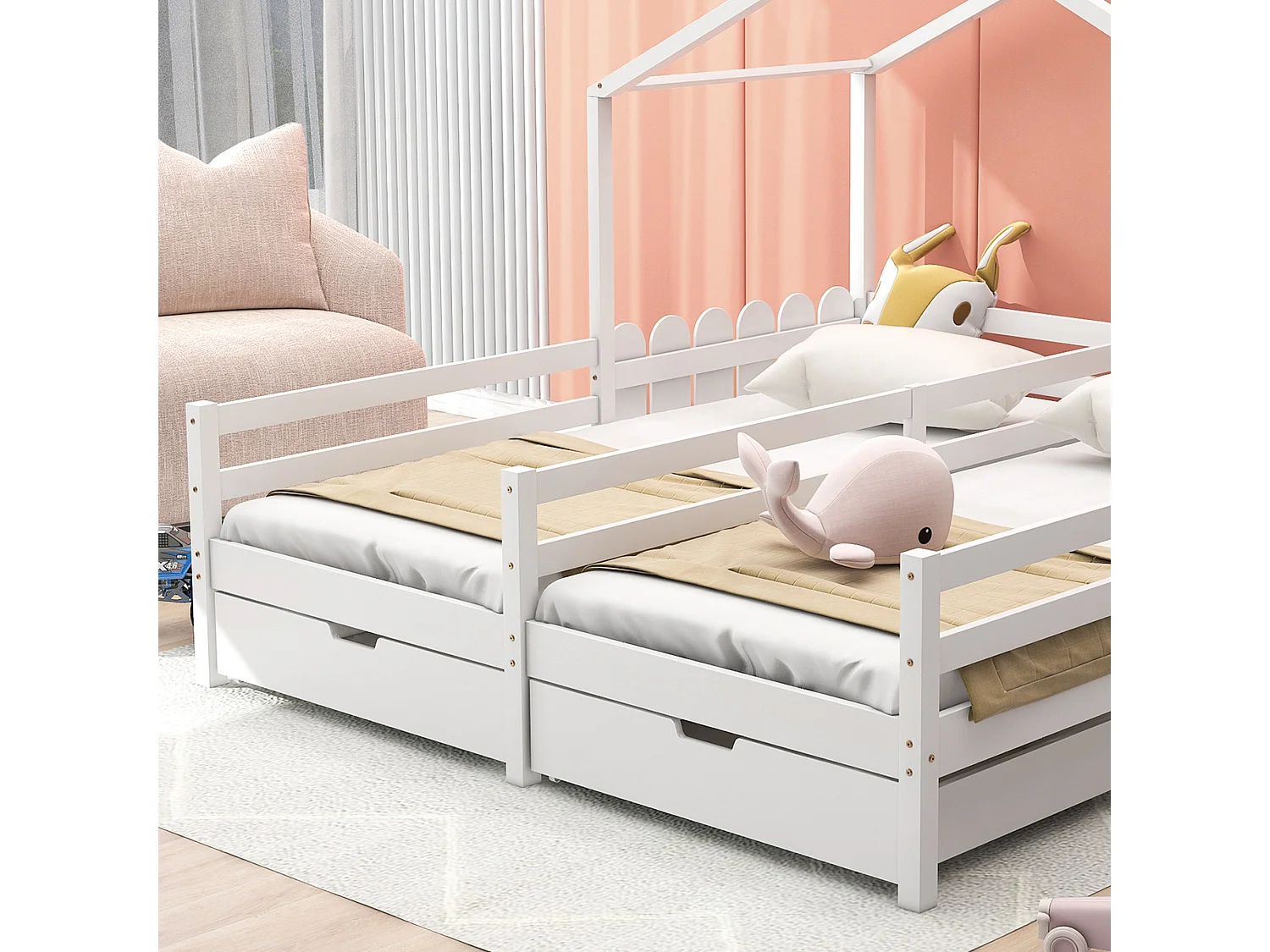 Lit maison avec toit et barrières, lit superposé avec 2 tiroirs en MDF, cadre en bois massif, blanc (200x90cm)