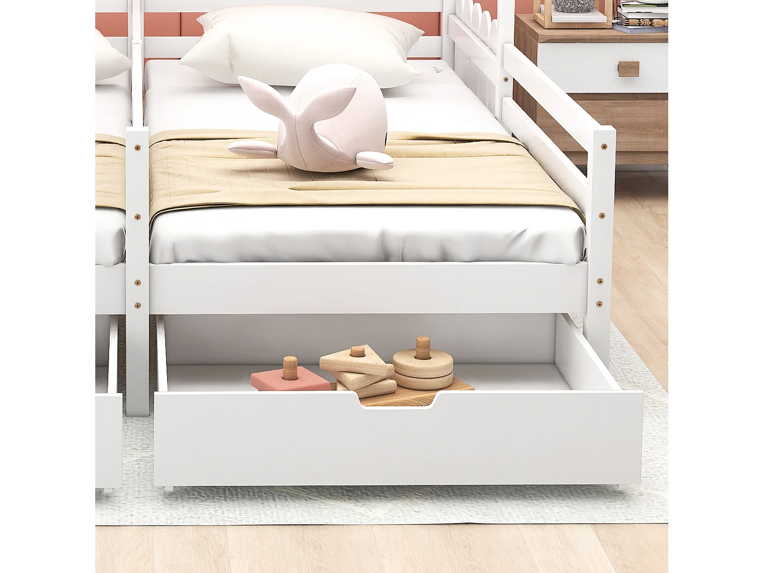 Lit maison avec toit et barrières, lit superposé avec 2 tiroirs en MDF, cadre en bois massif, blanc (200x90cm)