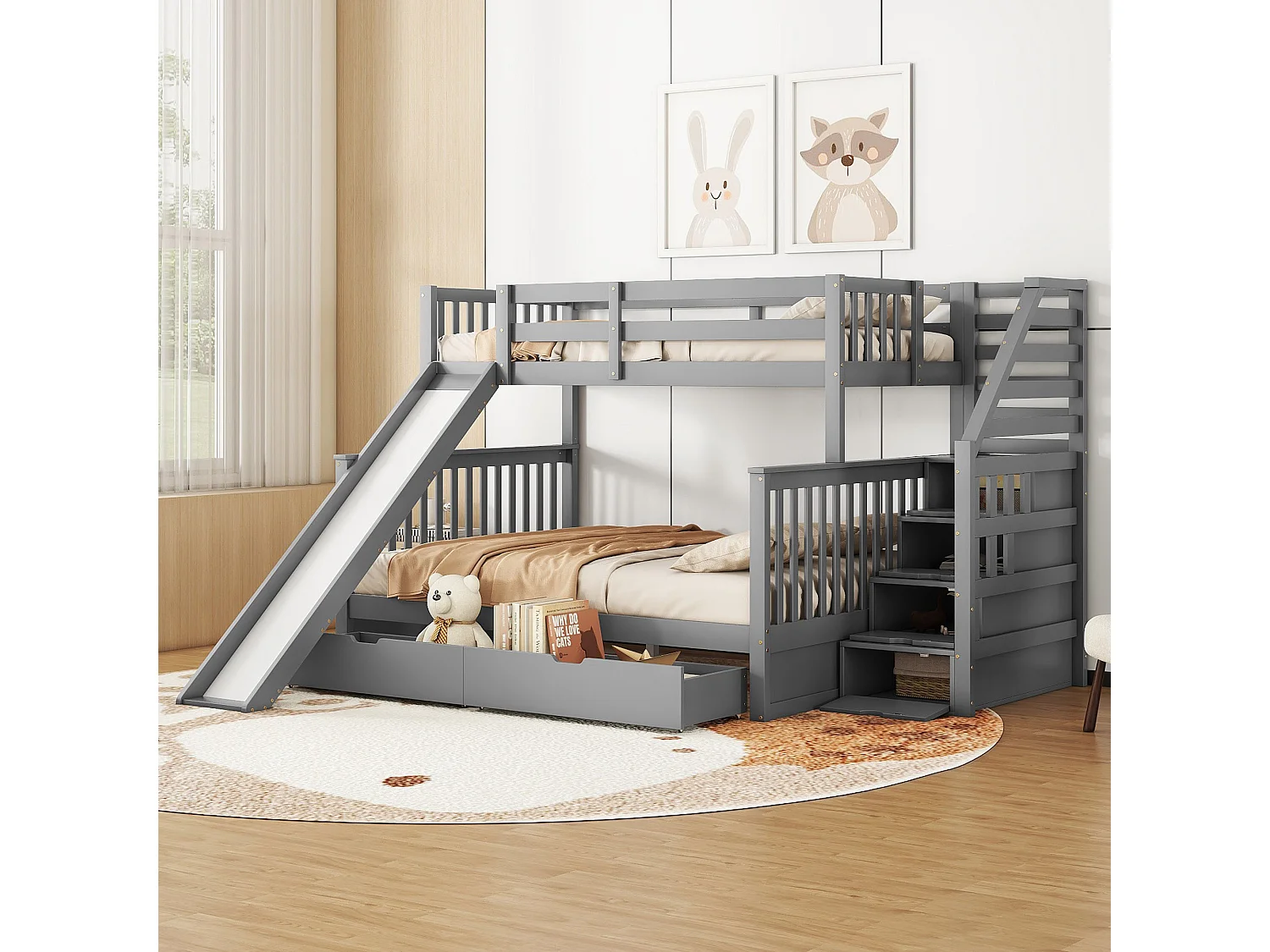 Stapelbed met opbergruimte, 140 x 200 cm, met lades en geïntegreerd bureau, modern design, metaal, grijs (255 x 237,5 x 150 cm)