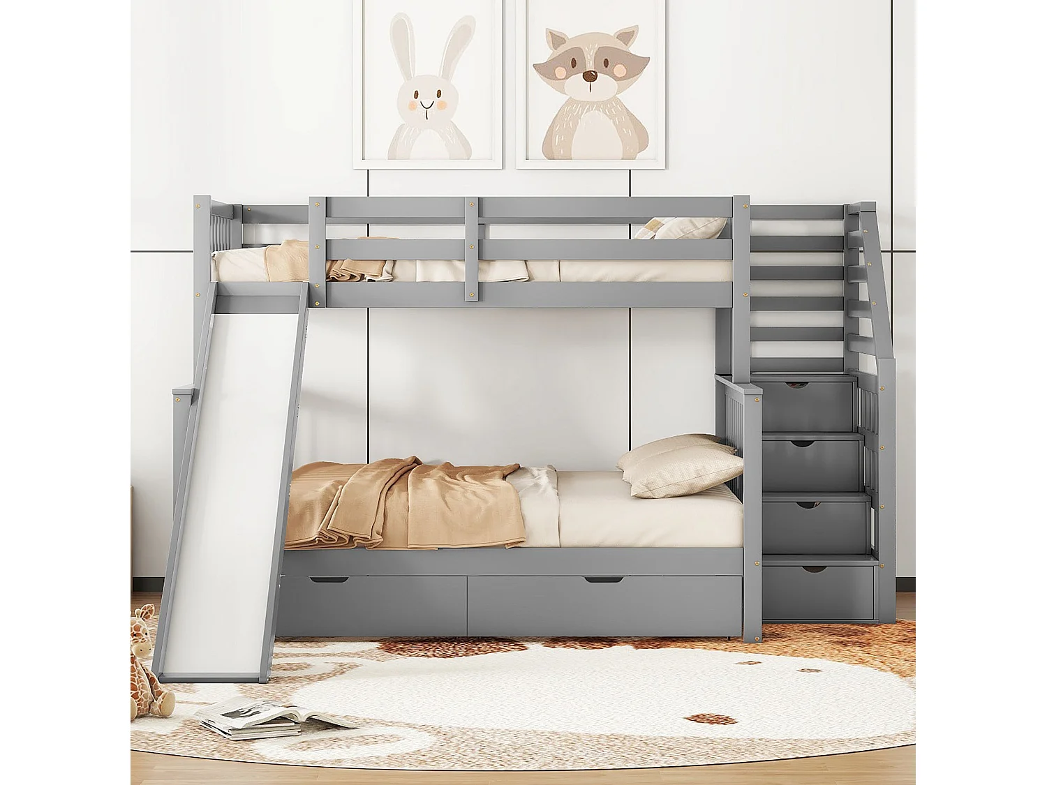 Stapelbed met opbergruimte, 140 x 200 cm, met lades en geïntegreerd bureau, modern design, metaal, grijs (255 x 237,5 x 150 cm)