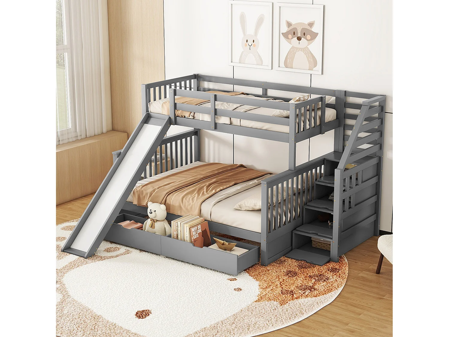 Stapelbed met opbergruimte, 140 x 200 cm, met lades en geïntegreerd bureau, modern design, metaal, grijs (255 x 237,5 x 150 cm)