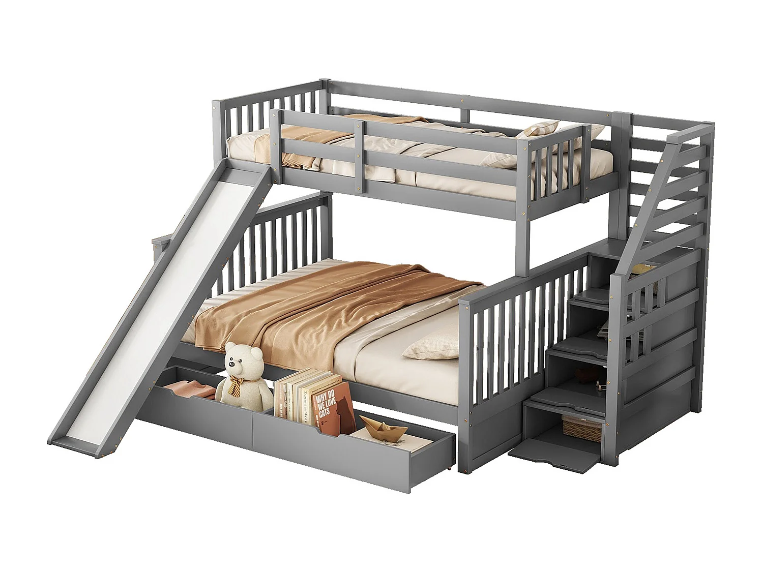 Stapelbed met opbergruimte, 140 x 200 cm, met lades en geïntegreerd bureau, modern design, metaal, grijs (255 x 237,5 x 150 cm)