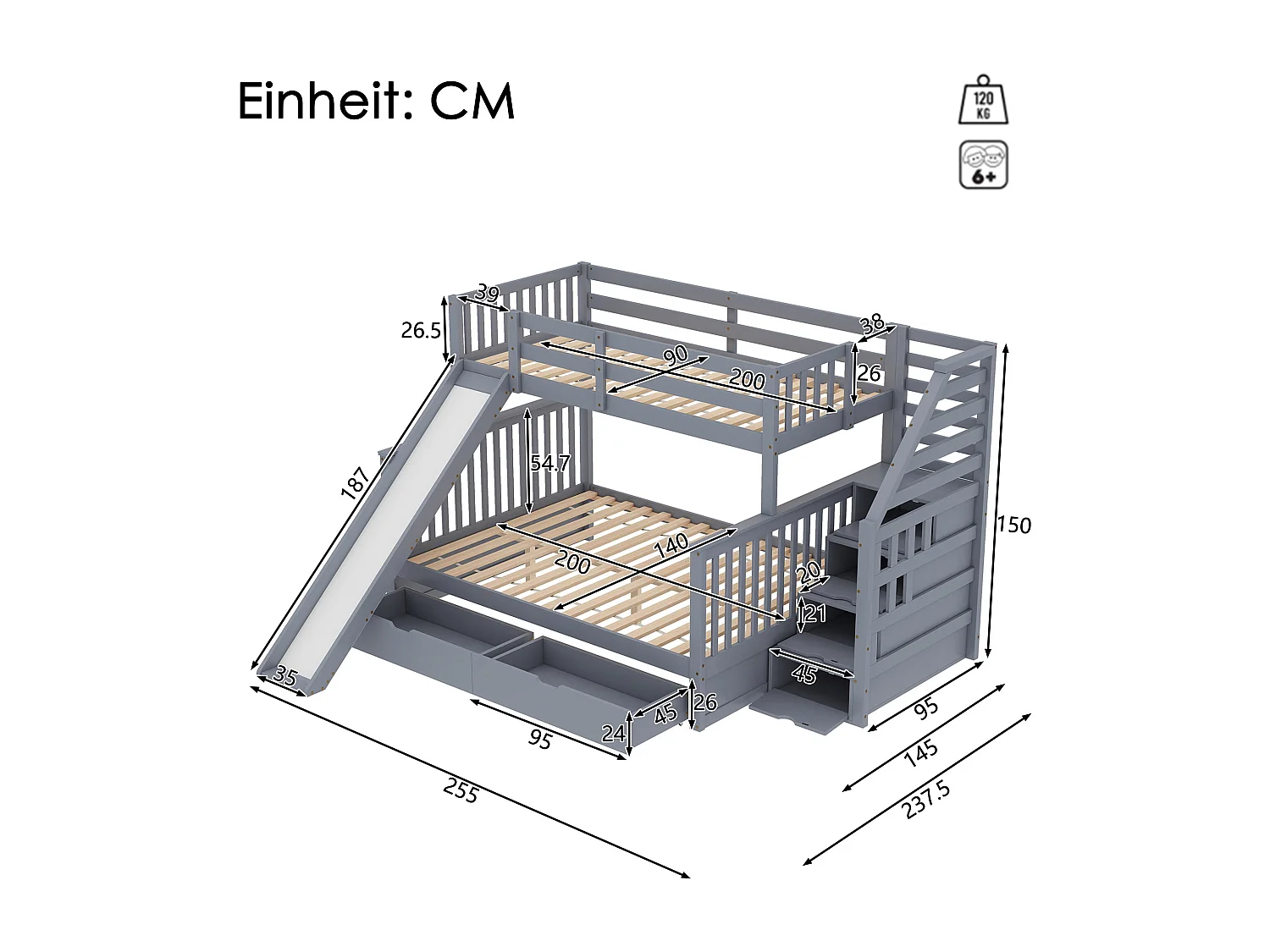 Stapelbed met opbergruimte, 140 x 200 cm, met lades en geïntegreerd bureau, modern design, metaal, grijs (255 x 237,5 x 150 cm)