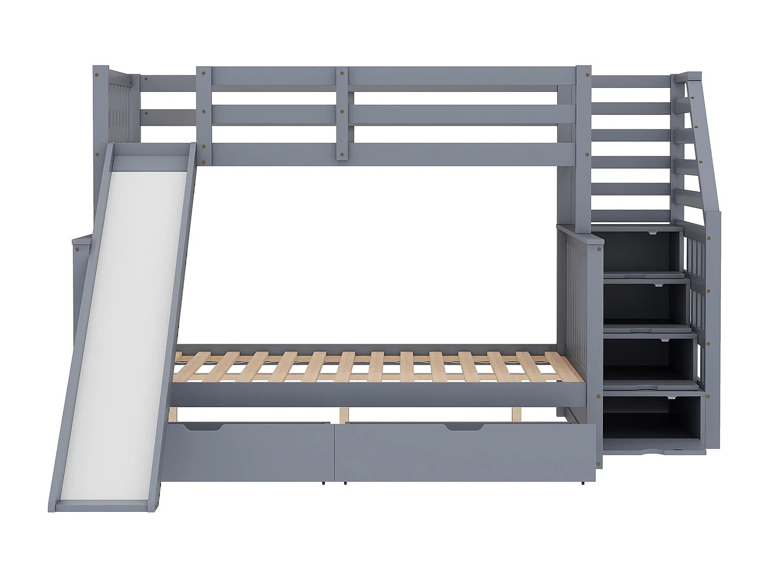 Stapelbed met opbergruimte, 140 x 200 cm, met lades en geïntegreerd bureau, modern design, metaal, grijs (255 x 237,5 x 150 cm)