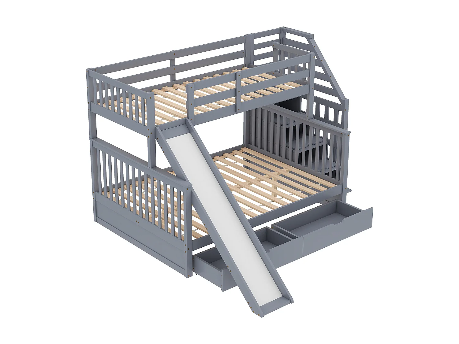 Stapelbed met opbergruimte, 140 x 200 cm, met lades en geïntegreerd bureau, modern design, metaal, grijs (255 x 237,5 x 150 cm)