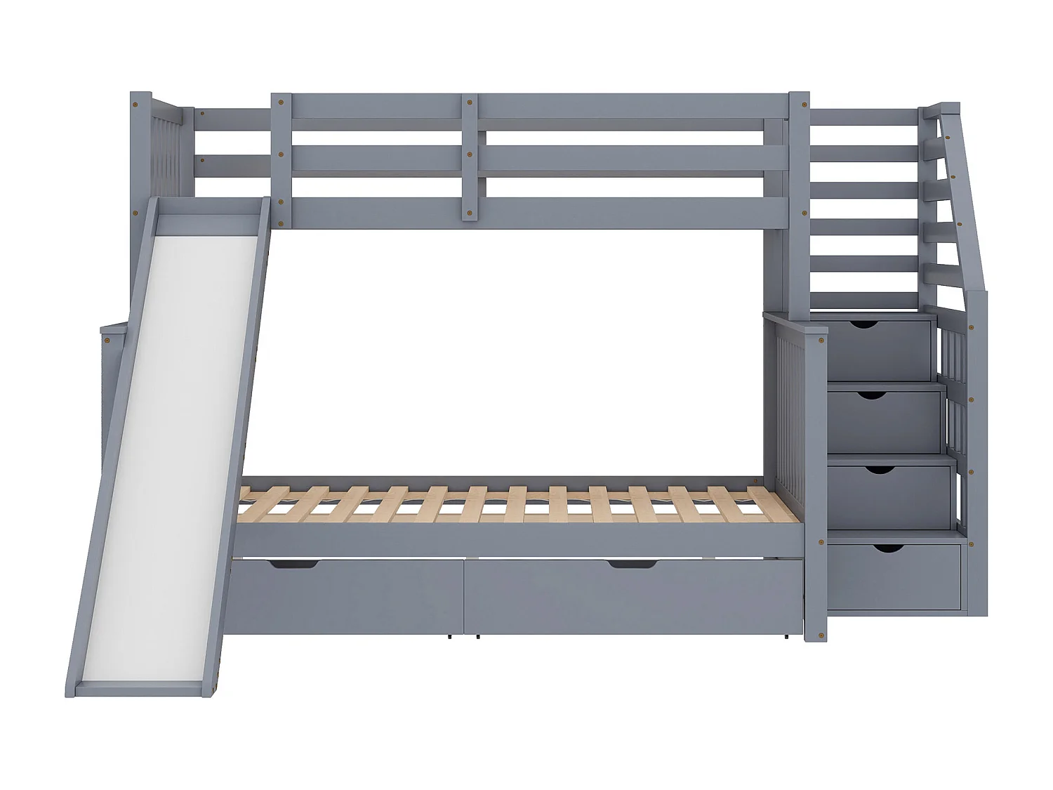 Stapelbed met opbergruimte, 140 x 200 cm, met lades en geïntegreerd bureau, modern design, metaal, grijs (255 x 237,5 x 150 cm)