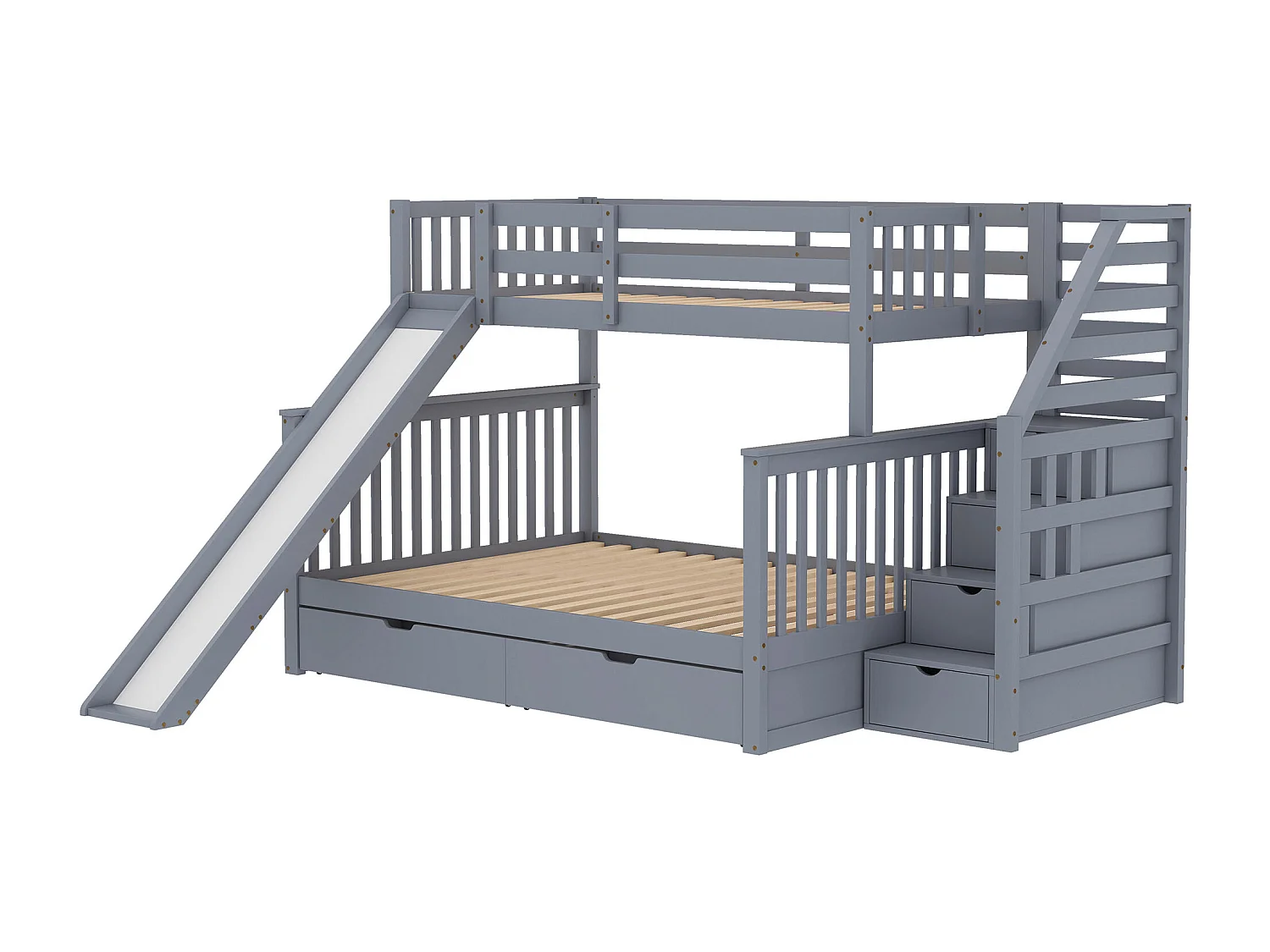 Stapelbed met opbergruimte, 140 x 200 cm, met lades en geïntegreerd bureau, modern design, metaal, grijs (255 x 237,5 x 150 cm)