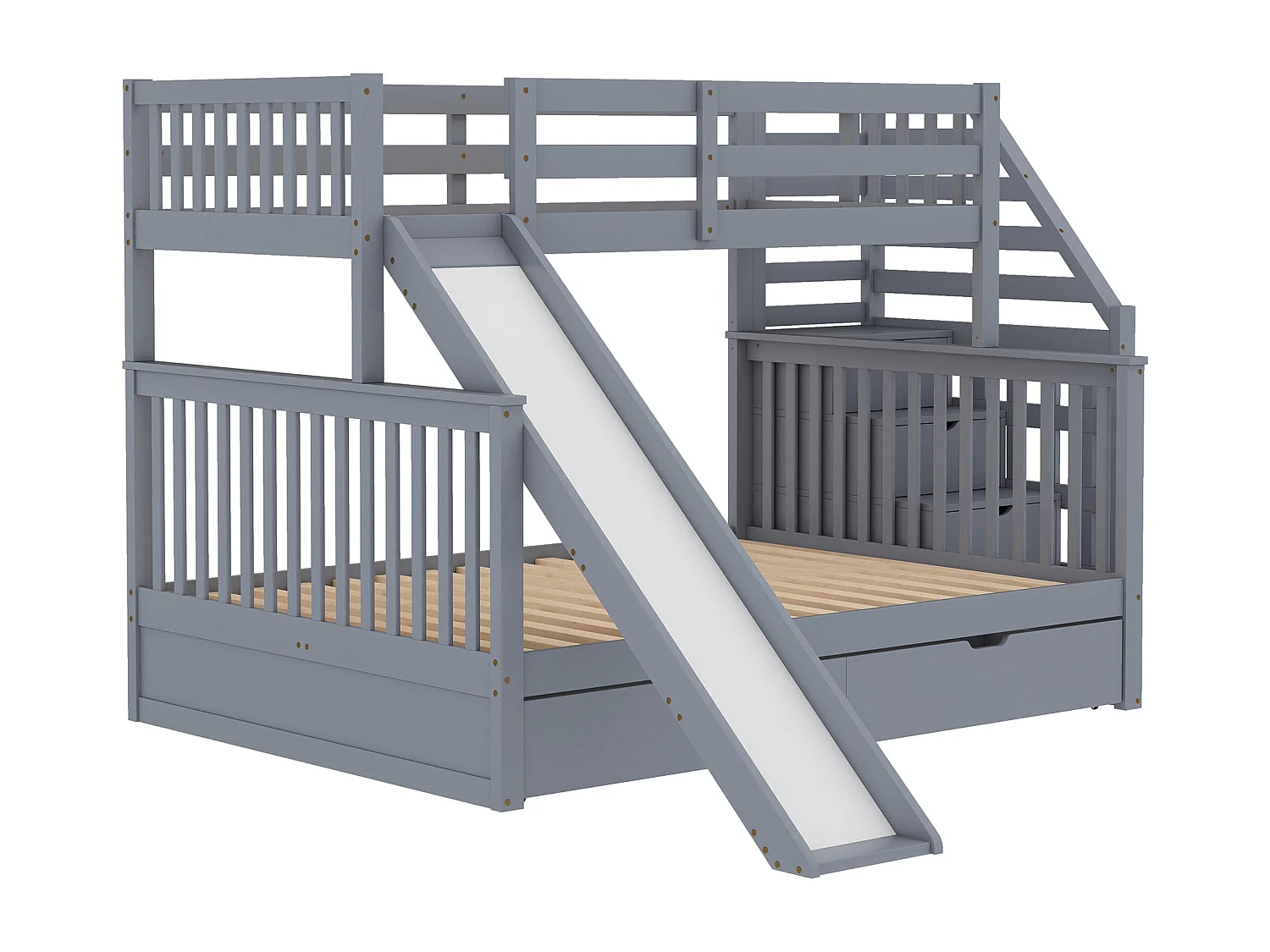 Stapelbed met opbergruimte, 140 x 200 cm, met lades en geïntegreerd bureau, modern design, metaal, grijs (255 x 237,5 x 150 cm)