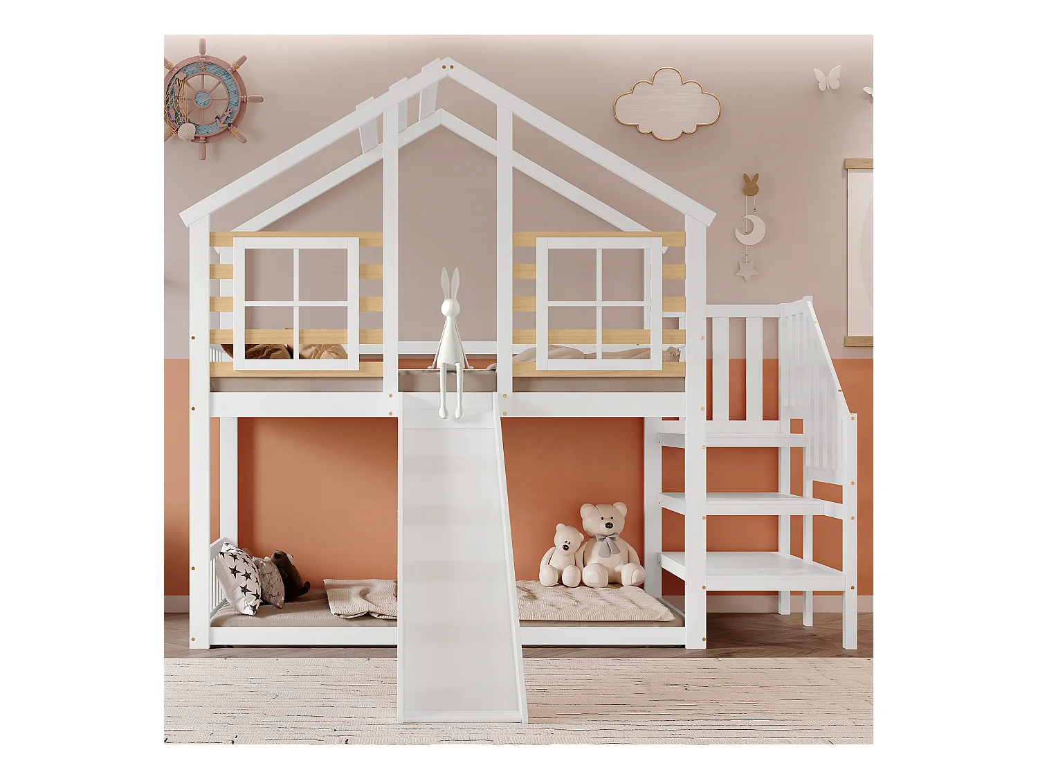 Lit superposé en bois avec échelle, toit, fenêtre, garde-corps et toboggan, design maison, cadre en bois massif, blanc (254x222x222 cm)