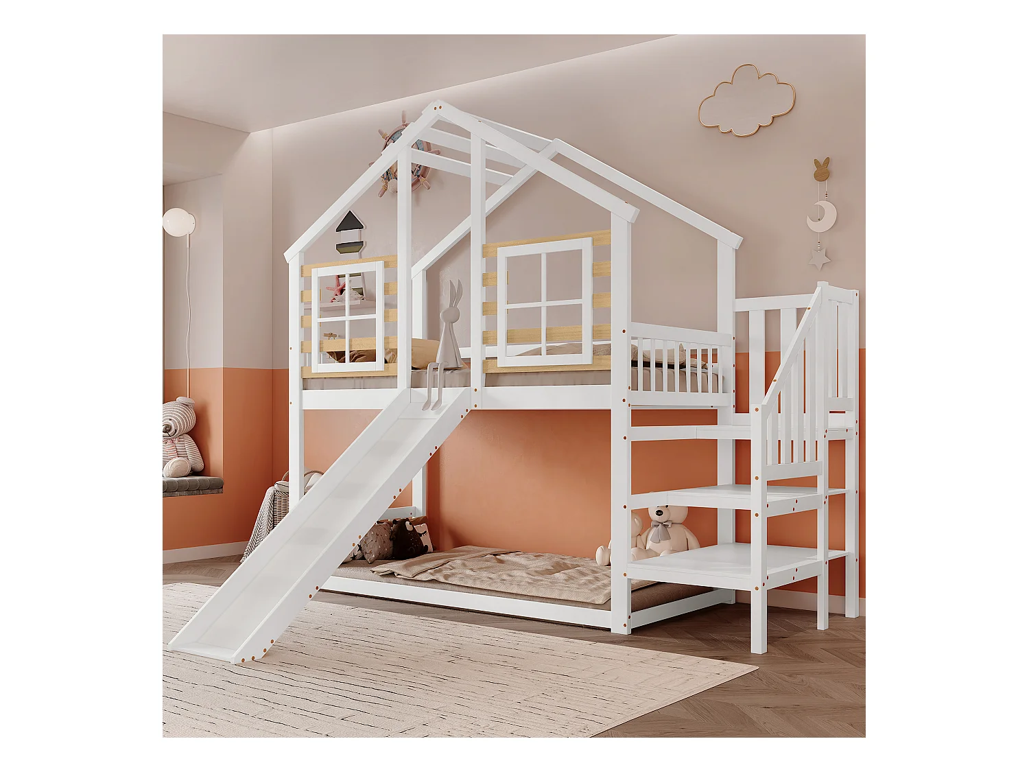 Lit superposé en bois avec échelle, toit, fenêtre, garde-corps et toboggan, design maison, cadre en bois massif, blanc (254x222x222 cm)