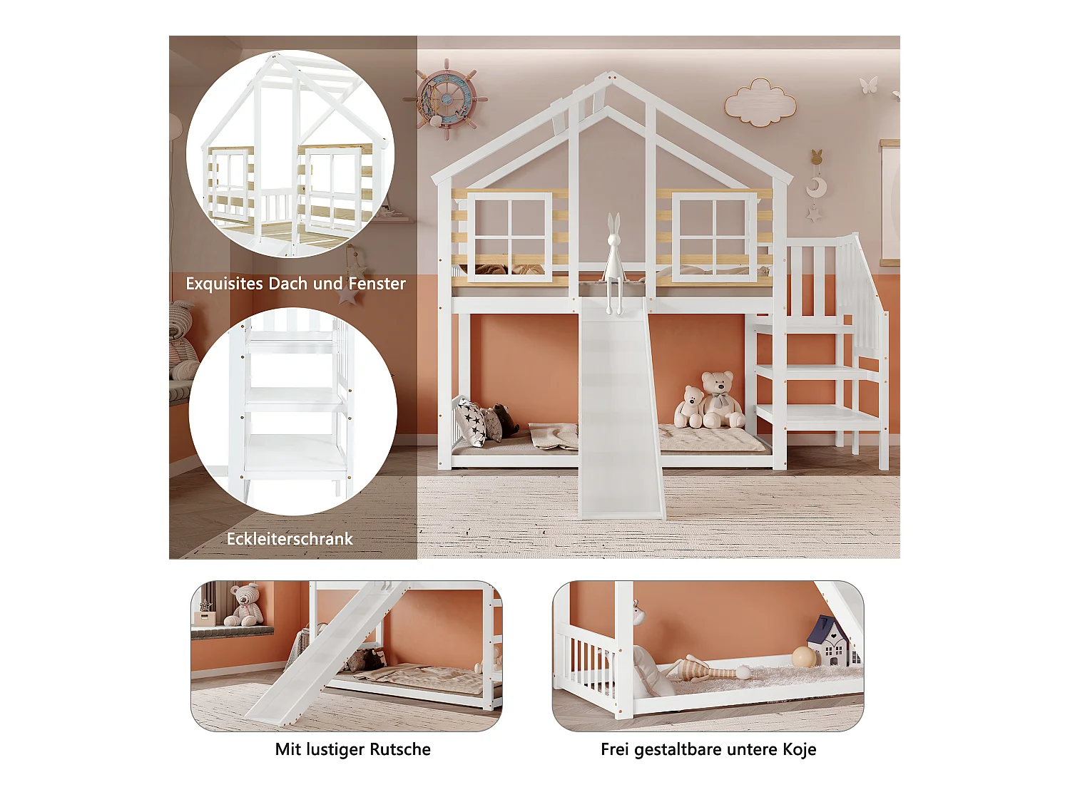 Lit superposé en bois avec échelle, toit, fenêtre, garde-corps et toboggan, design maison, cadre en bois massif, blanc (254x222x222 cm)