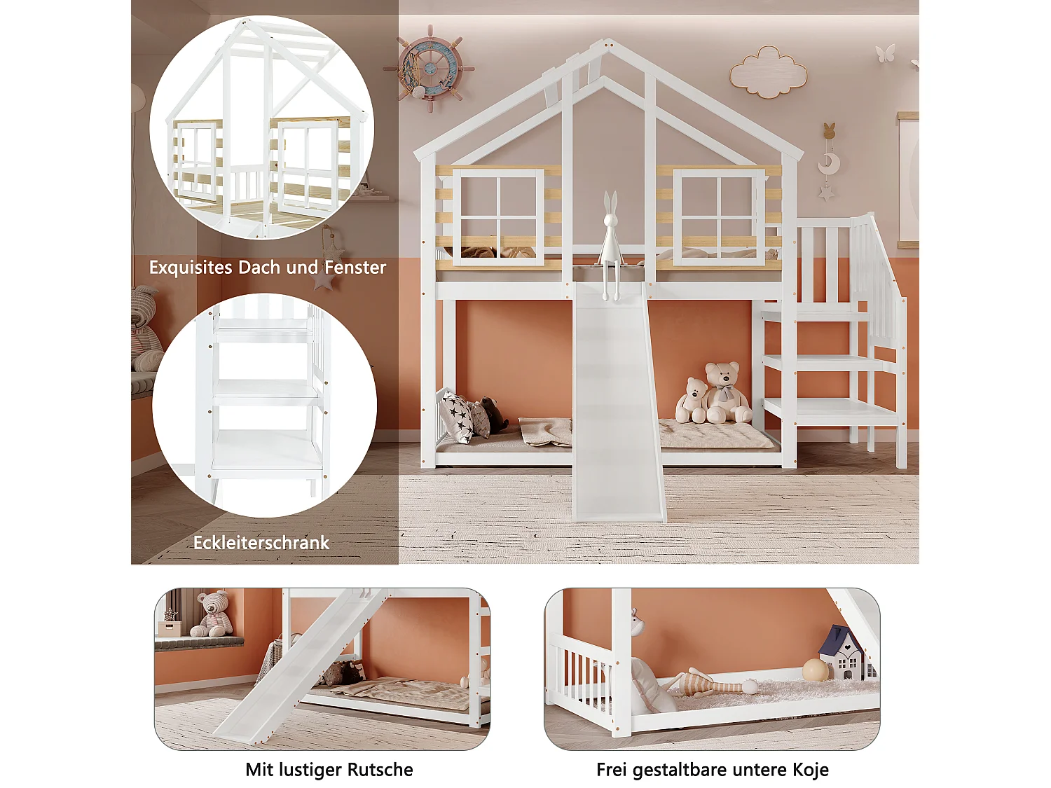 Lit superposé en bois avec échelle, toit, fenêtre, garde-corps et toboggan, design maison, cadre en bois massif, blanc (254x222x222 cm)