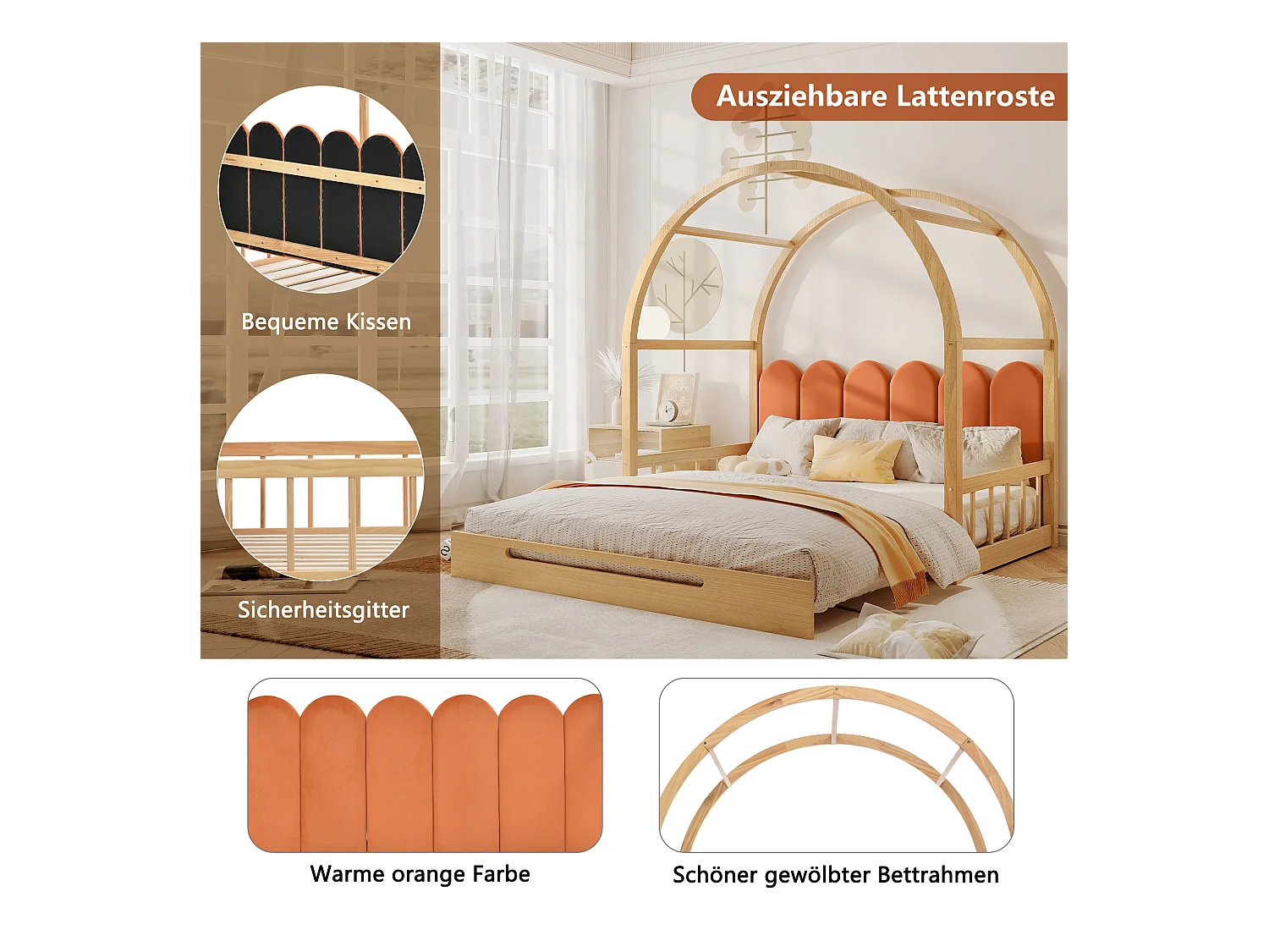 Letto a castello con tetto curvo, con cassetti e ripiani, struttura in legno massello, bianco e arancione (140x100cm e 140x200cm)