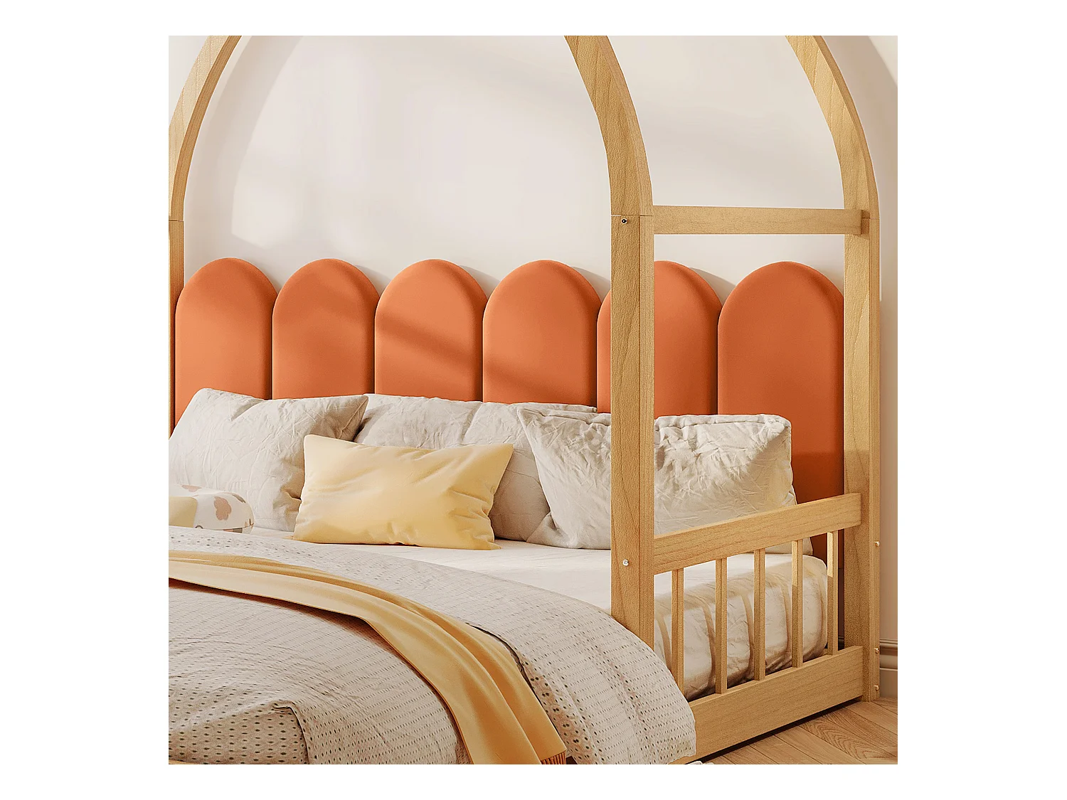 Letto a castello con tetto curvo, con cassetti e ripiani, struttura in legno massello, bianco e arancione (140x100cm e 140x200cm)
