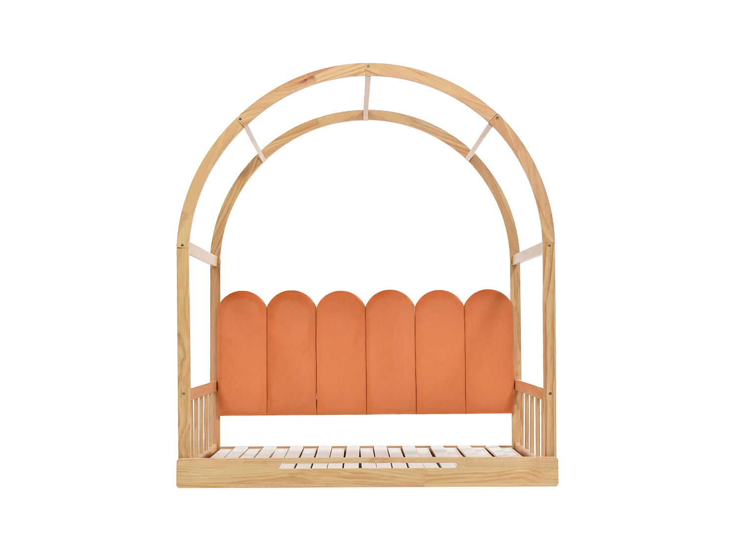 Letto a castello con tetto curvo, con cassetti e ripiani, struttura in legno massello, bianco e arancione (140x100cm e 140x200cm)