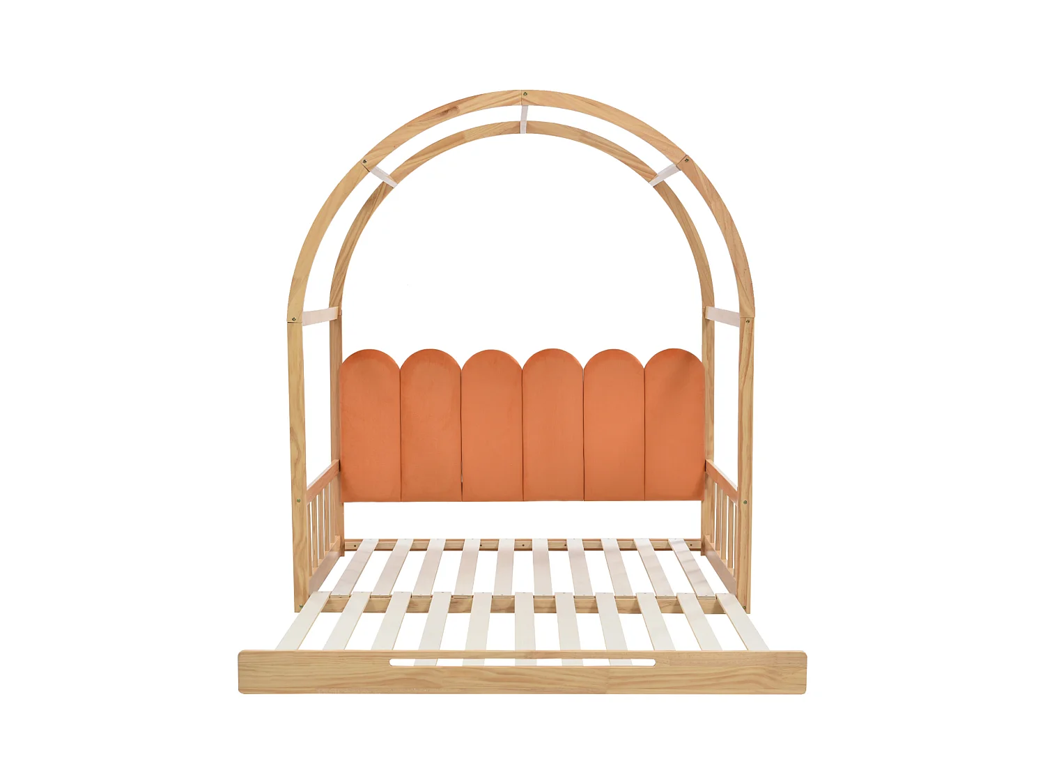 Letto a castello con tetto curvo, con cassetti e ripiani, struttura in legno massello, bianco e arancione (140x100cm e 140x200cm)