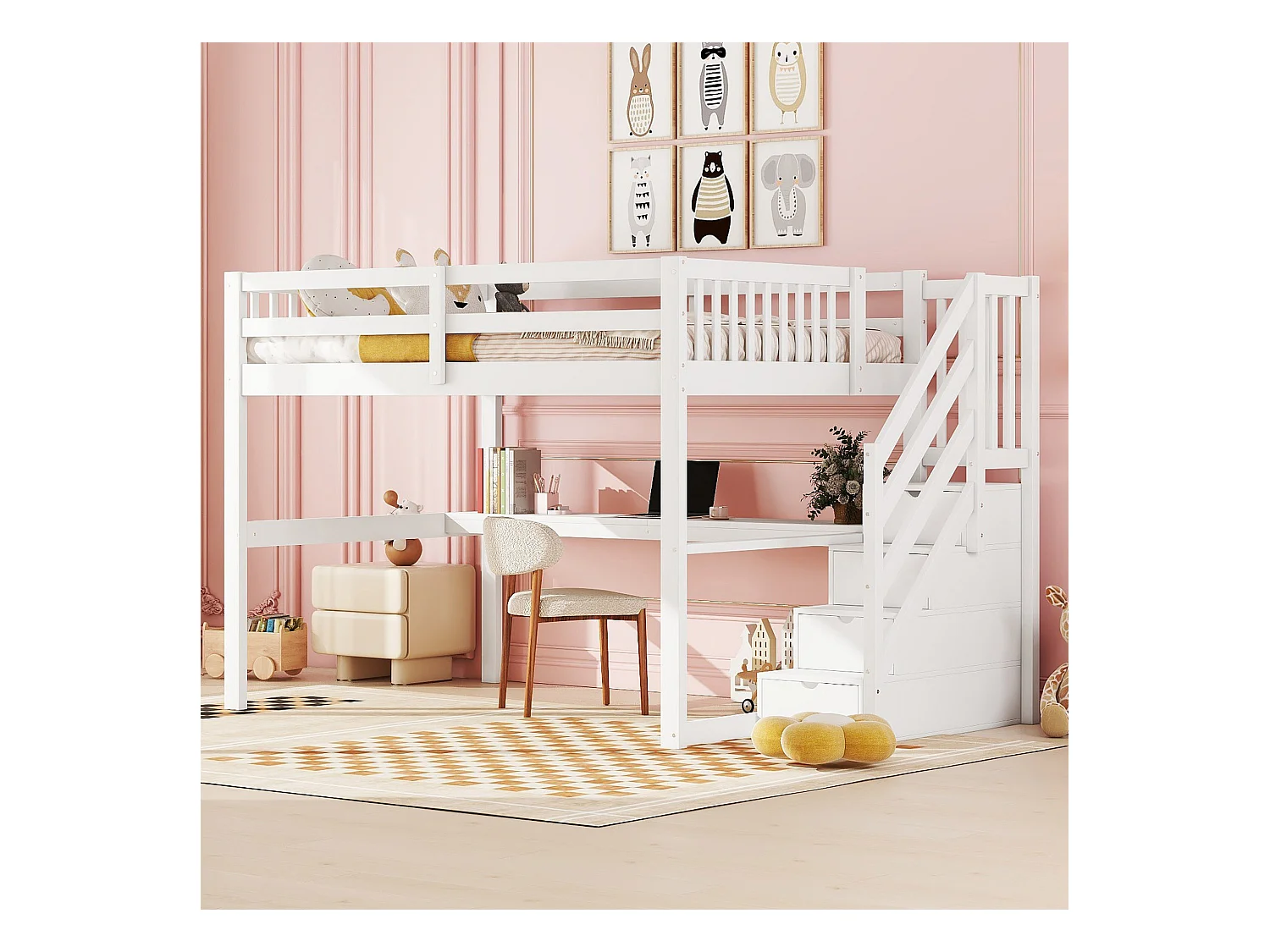 Lit superposé, 90x200 cm + 140x200 cm, avec balustrade, tiroirs de rangement et bureau sous le lit, design moderne, en pin, blanc (255x237.5x150 cm)