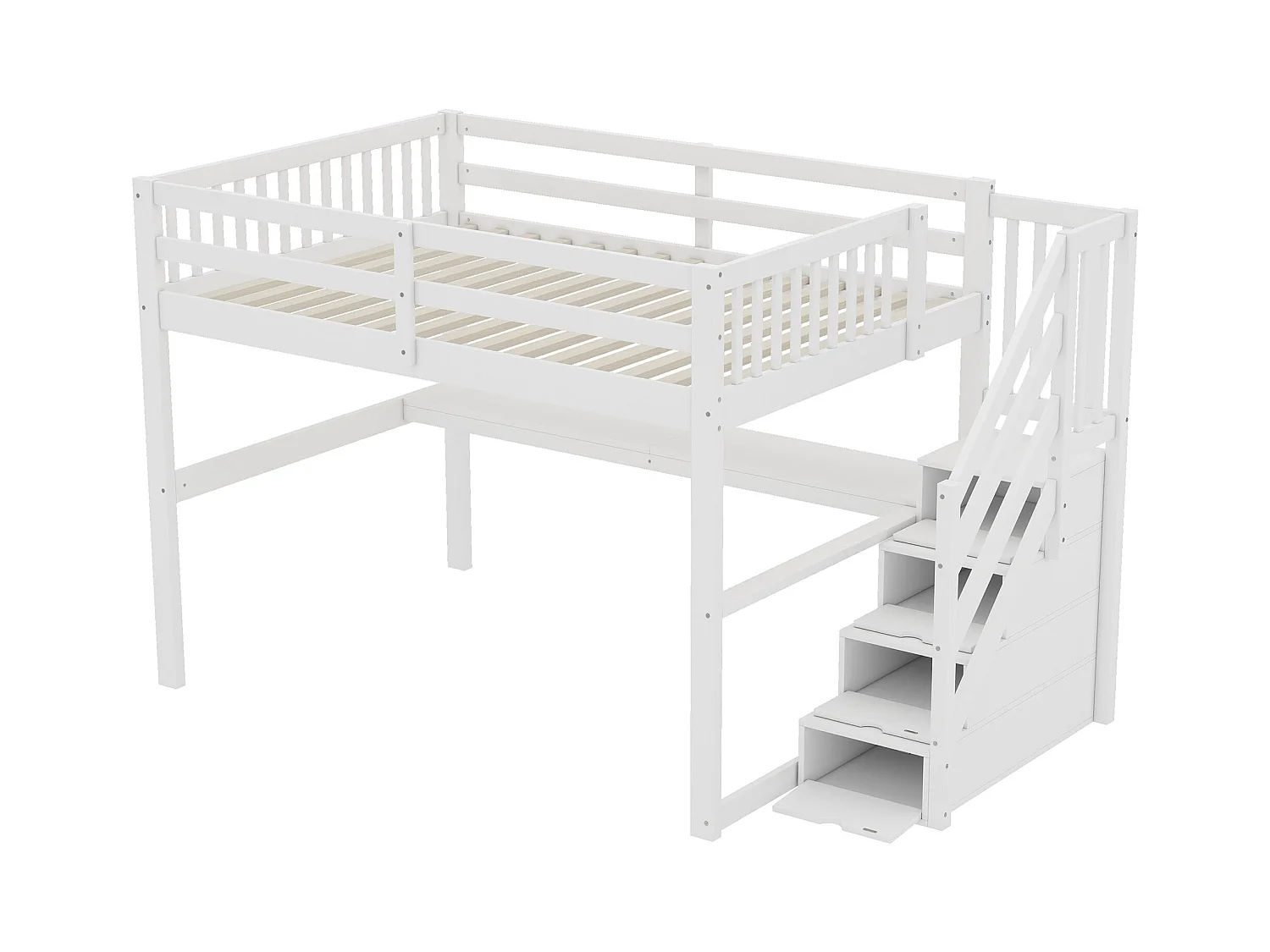 Lit superposé, 90x200 cm + 140x200 cm, avec balustrade, tiroirs de rangement et bureau sous le lit, design moderne, en pin, blanc (255x237.5x150 cm)