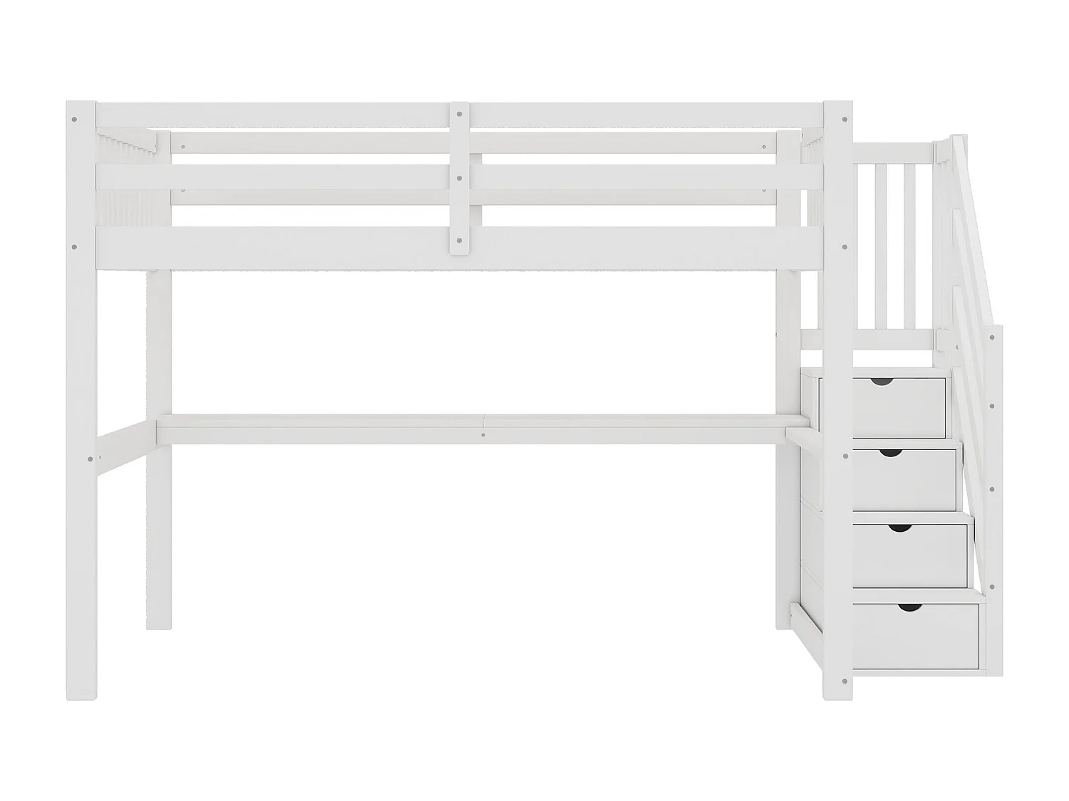 Lit superposé, 90x200 cm + 140x200 cm, avec balustrade, tiroirs de rangement et bureau sous le lit, design moderne, en pin, blanc (255x237.5x150 cm)