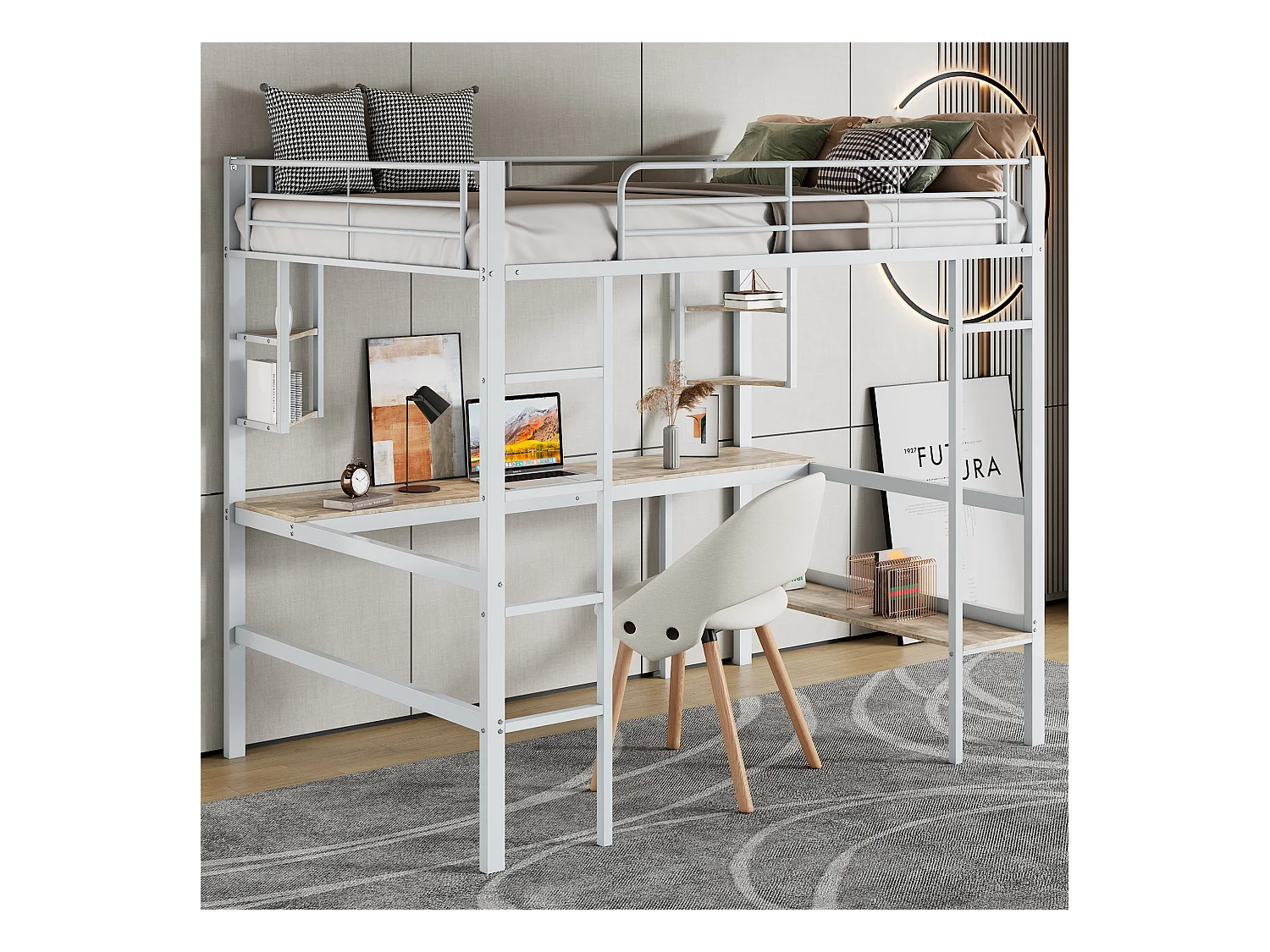 Lit superposé 90x200 cm avec bureau et étagères, design métallique, Blanc (204.5x95x180.5 cm)