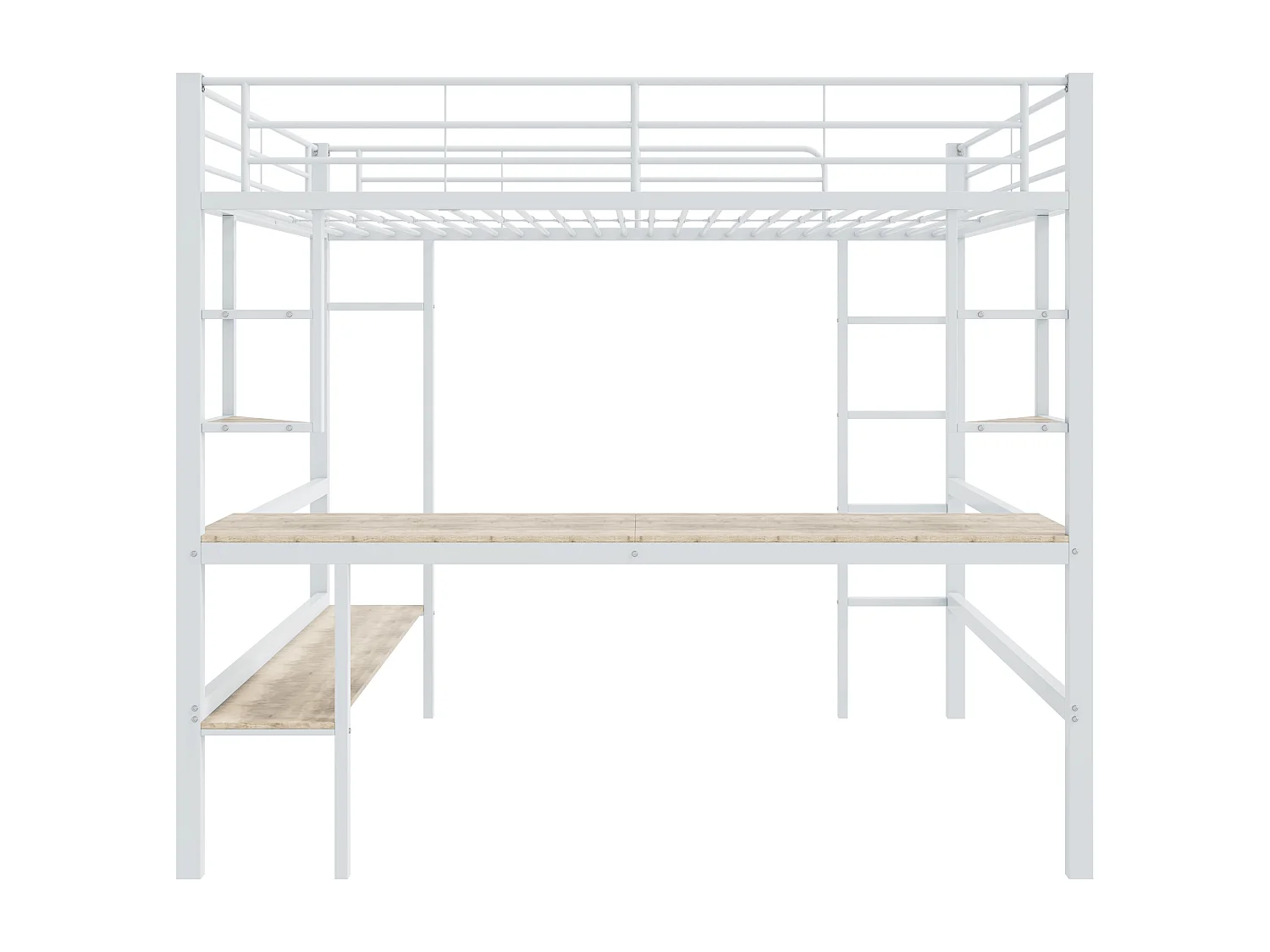 Lit superposé 90x200 cm avec bureau et étagères, design métallique, Blanc (204.5x95x180.5 cm)