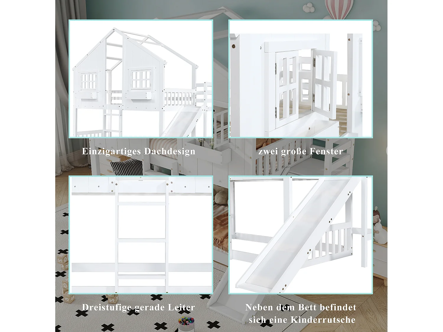 Lit superposé pour enfants, avec toboggan, toit et fenêtres, garde-corps de sécurité, échelle à 3 marches, bois massif + MDF, blanc, 90x200 cm