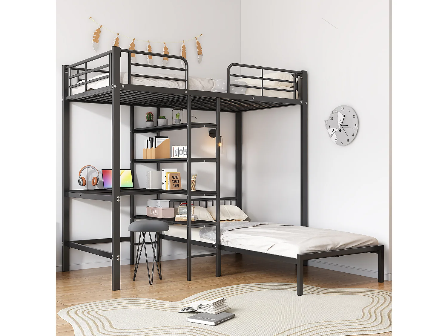 Stapelbed met bureau, planken en 5 ladderniveaus, metalen en MDF-constructie, zwart (204x205x180 cm)