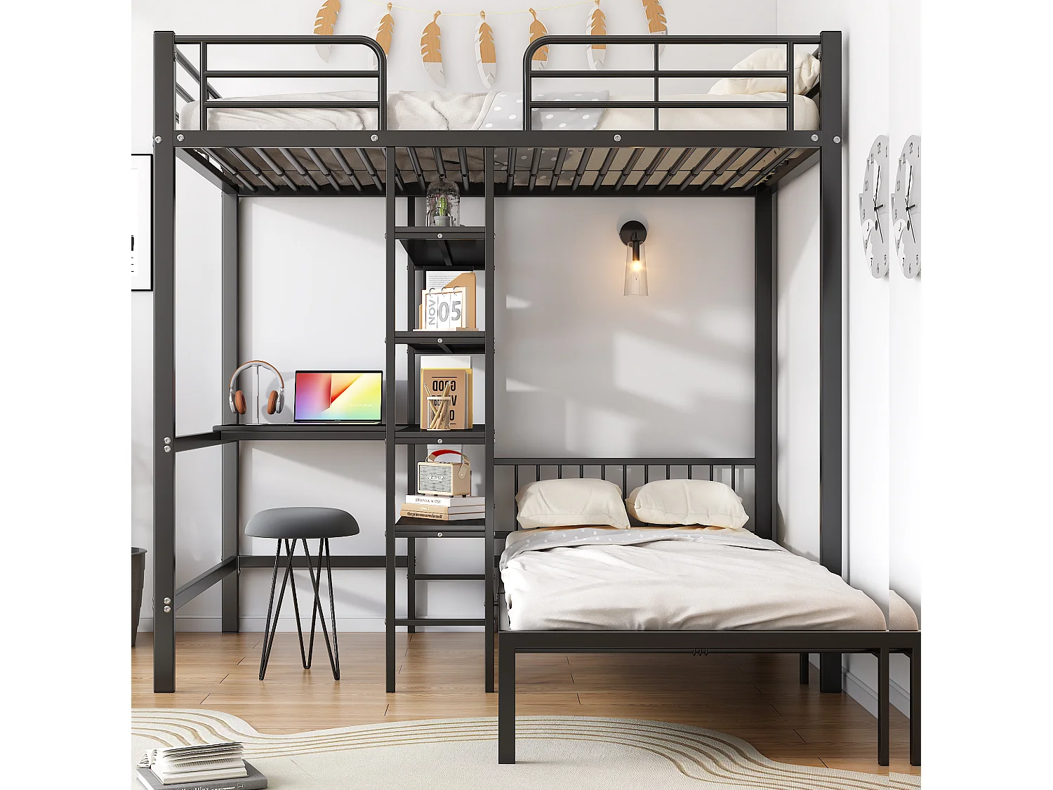 Stapelbed met bureau, planken en 5 ladderniveaus, metalen en MDF-constructie, zwart (204x205x180 cm)