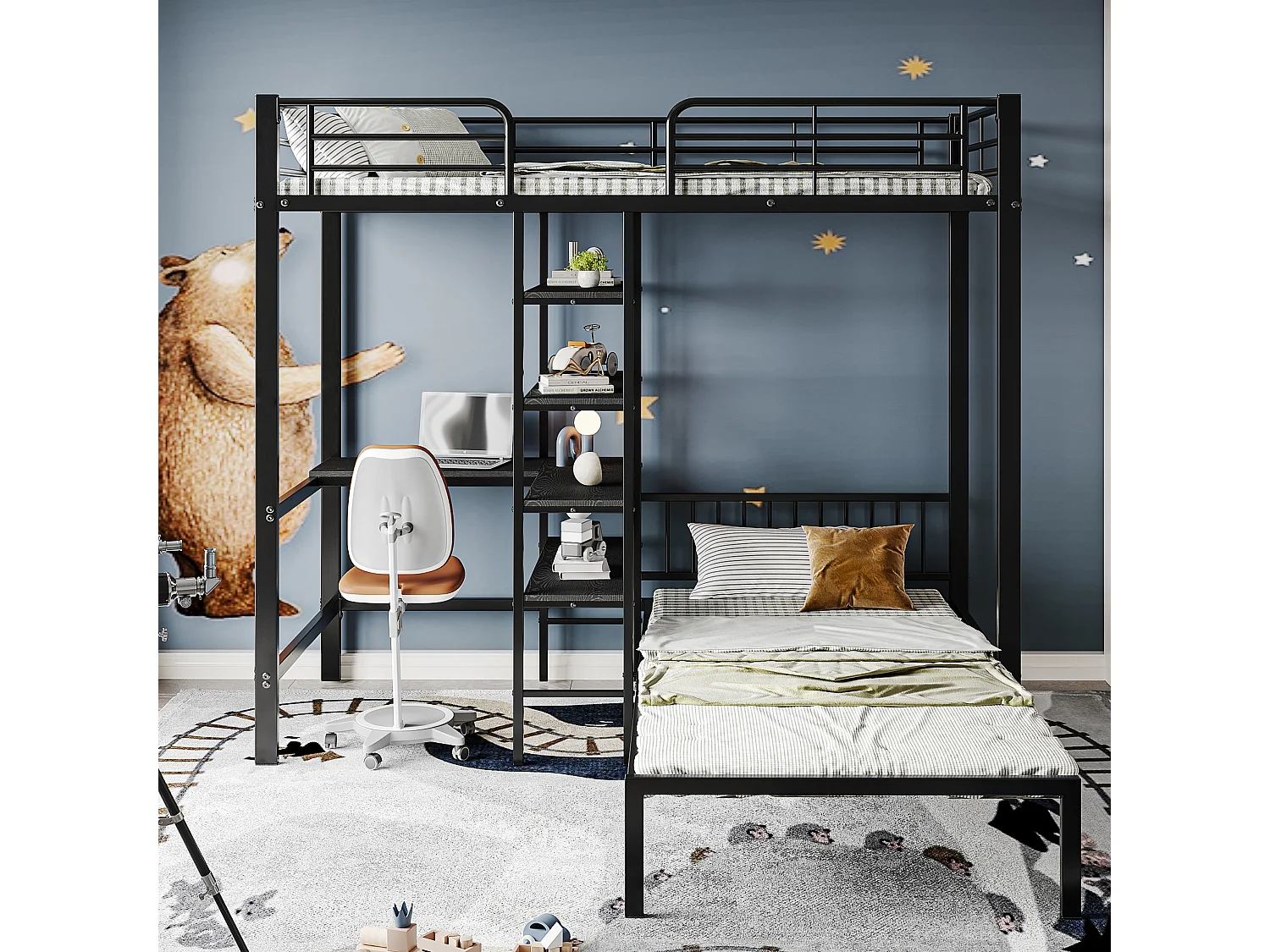 Stapelbed met bureau, planken en 5 ladderniveaus, metalen en MDF-constructie, zwart (204x205x180 cm)