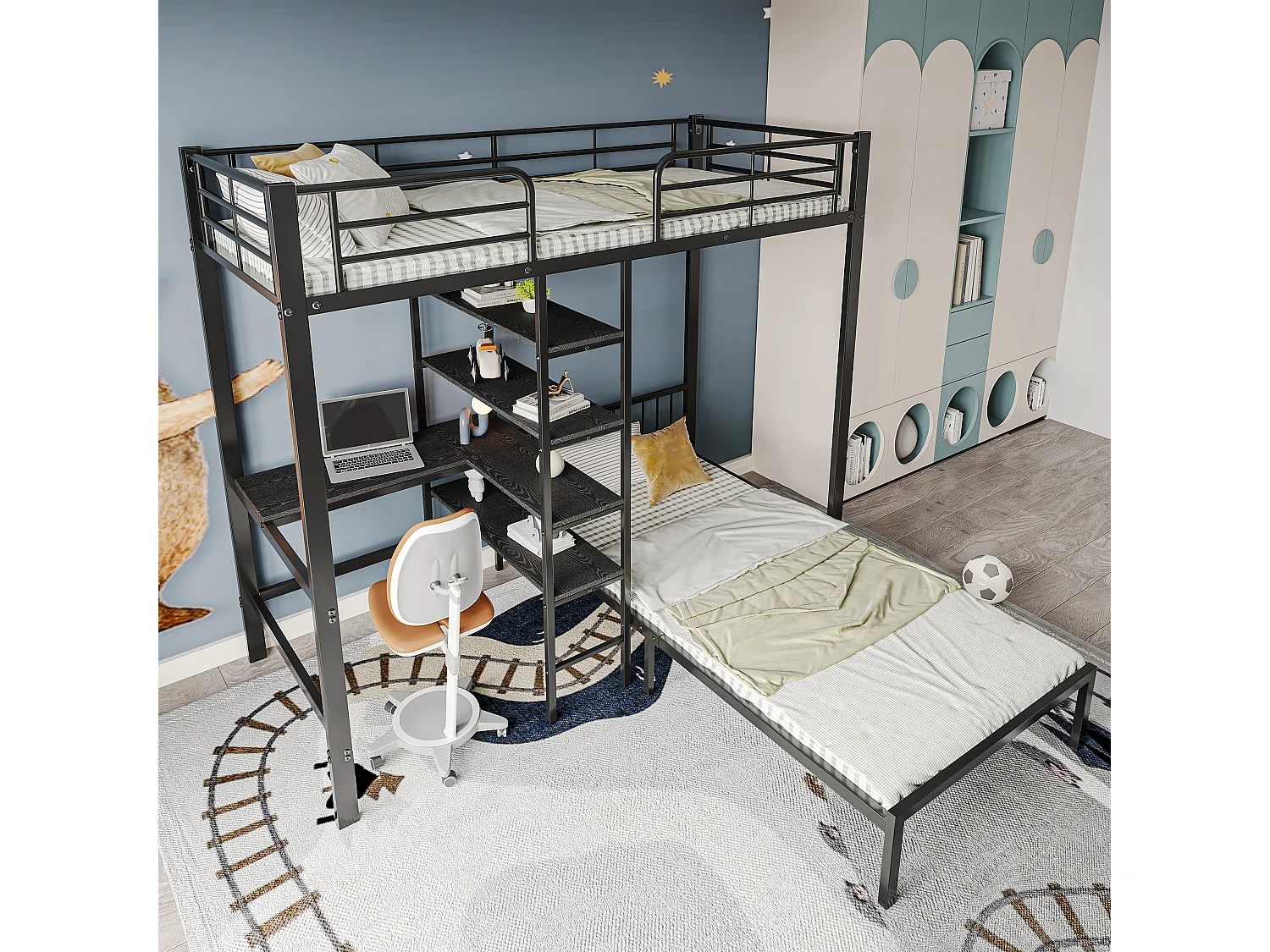 Stapelbed met bureau, planken en 5 ladderniveaus, metalen en MDF-constructie, zwart (204x205x180 cm)