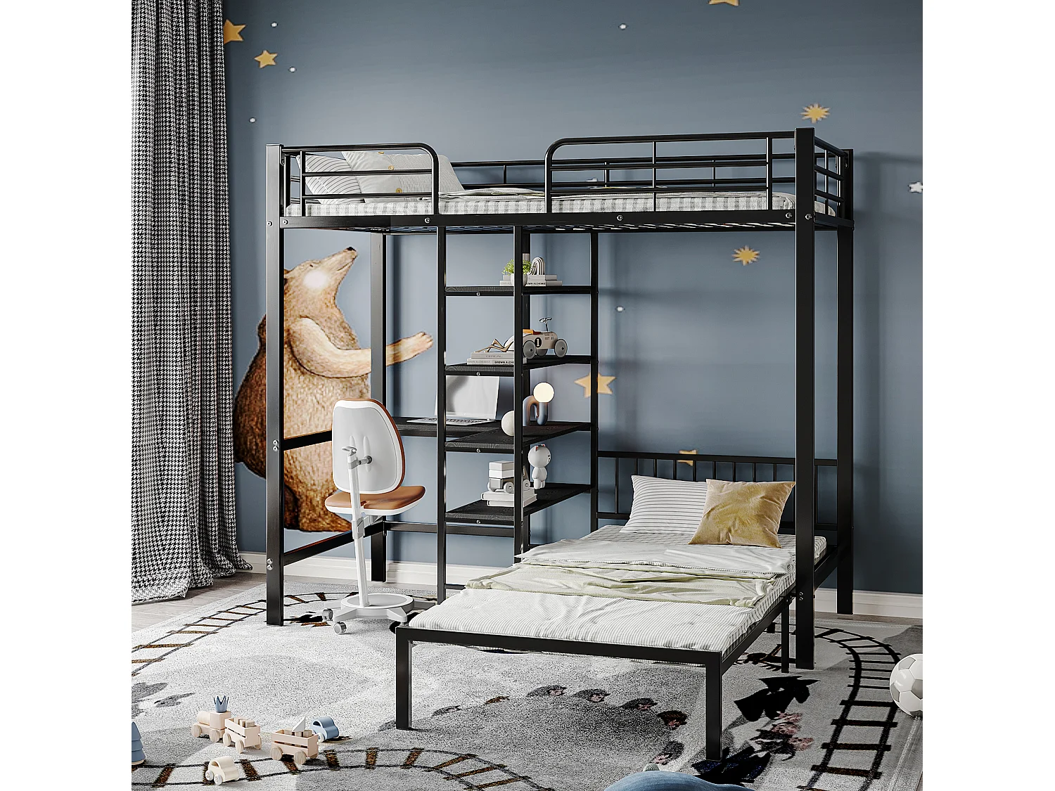 Stapelbed met bureau, planken en 5 ladderniveaus, metalen en MDF-constructie, zwart (204x205x180 cm)