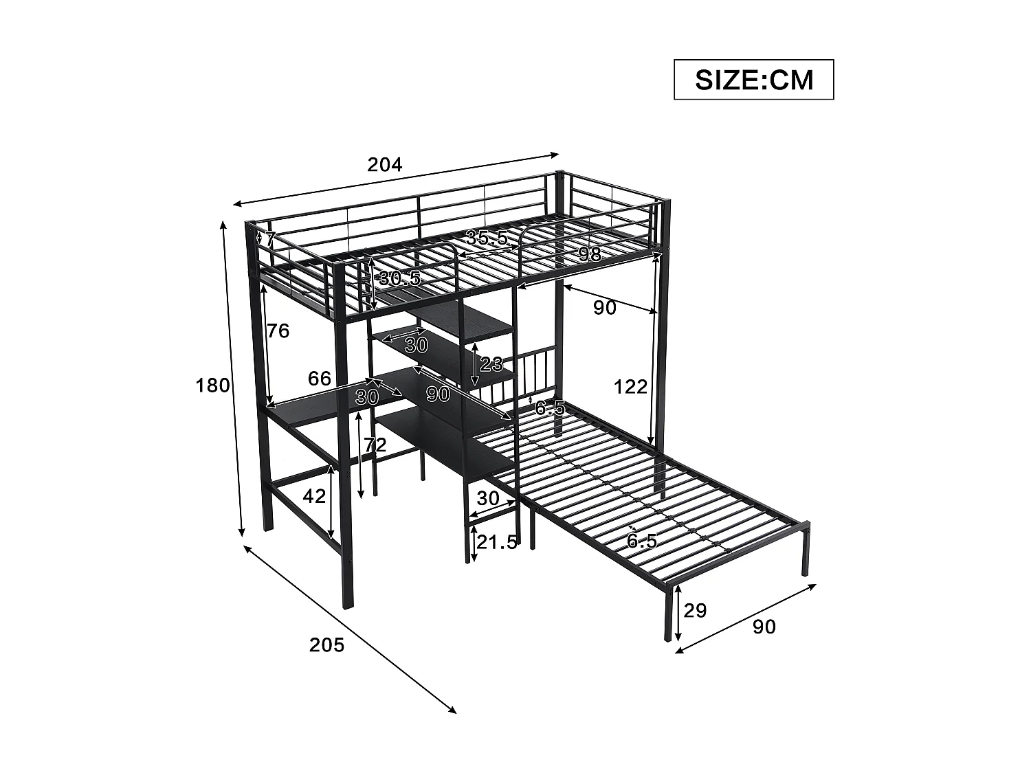 Stapelbed met bureau, planken en 5 ladderniveaus, metalen en MDF-constructie, zwart (204x205x180 cm)