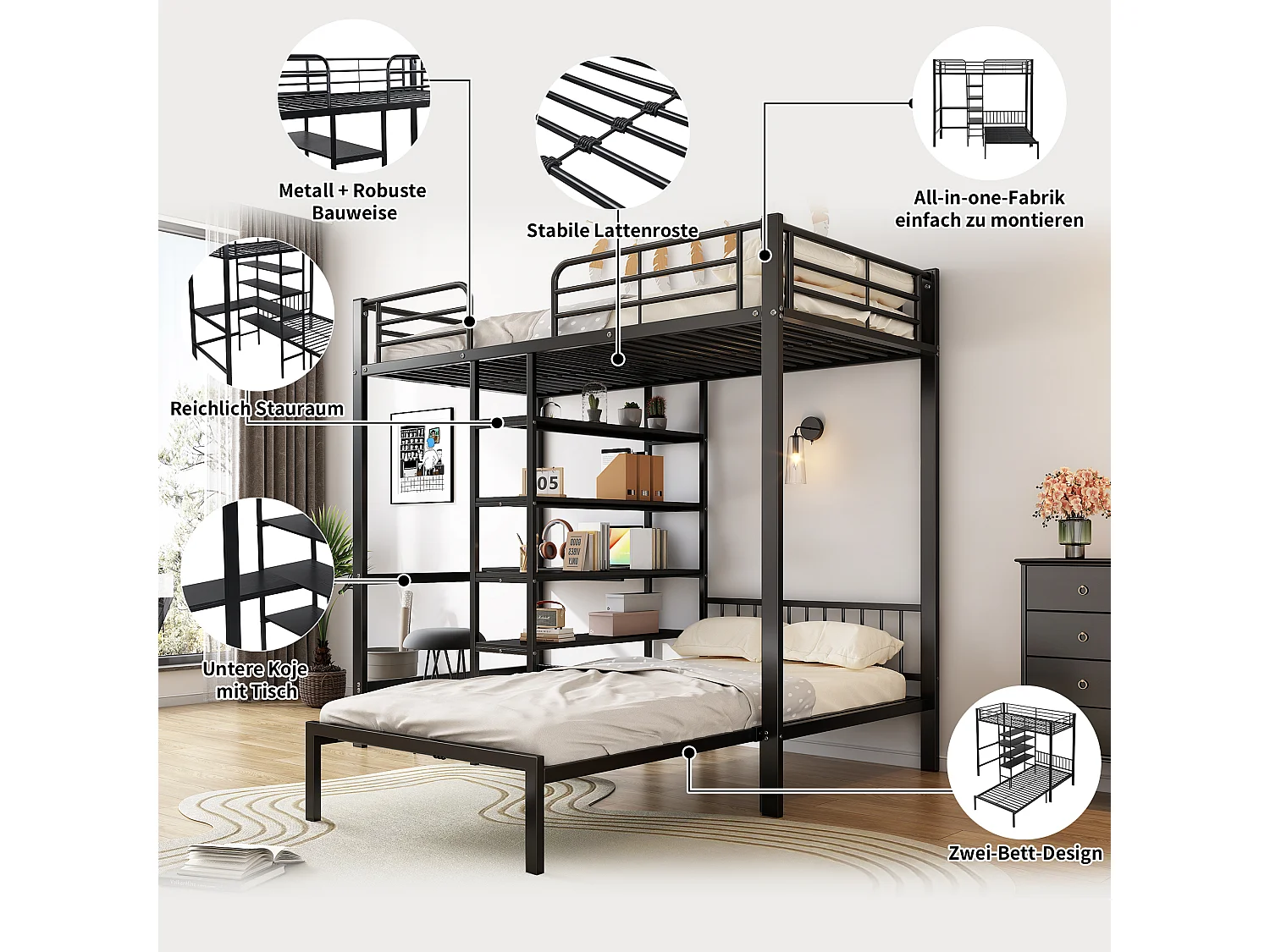 Stapelbed met bureau, planken en 5 ladderniveaus, metalen en MDF-constructie, zwart (204x205x180 cm)