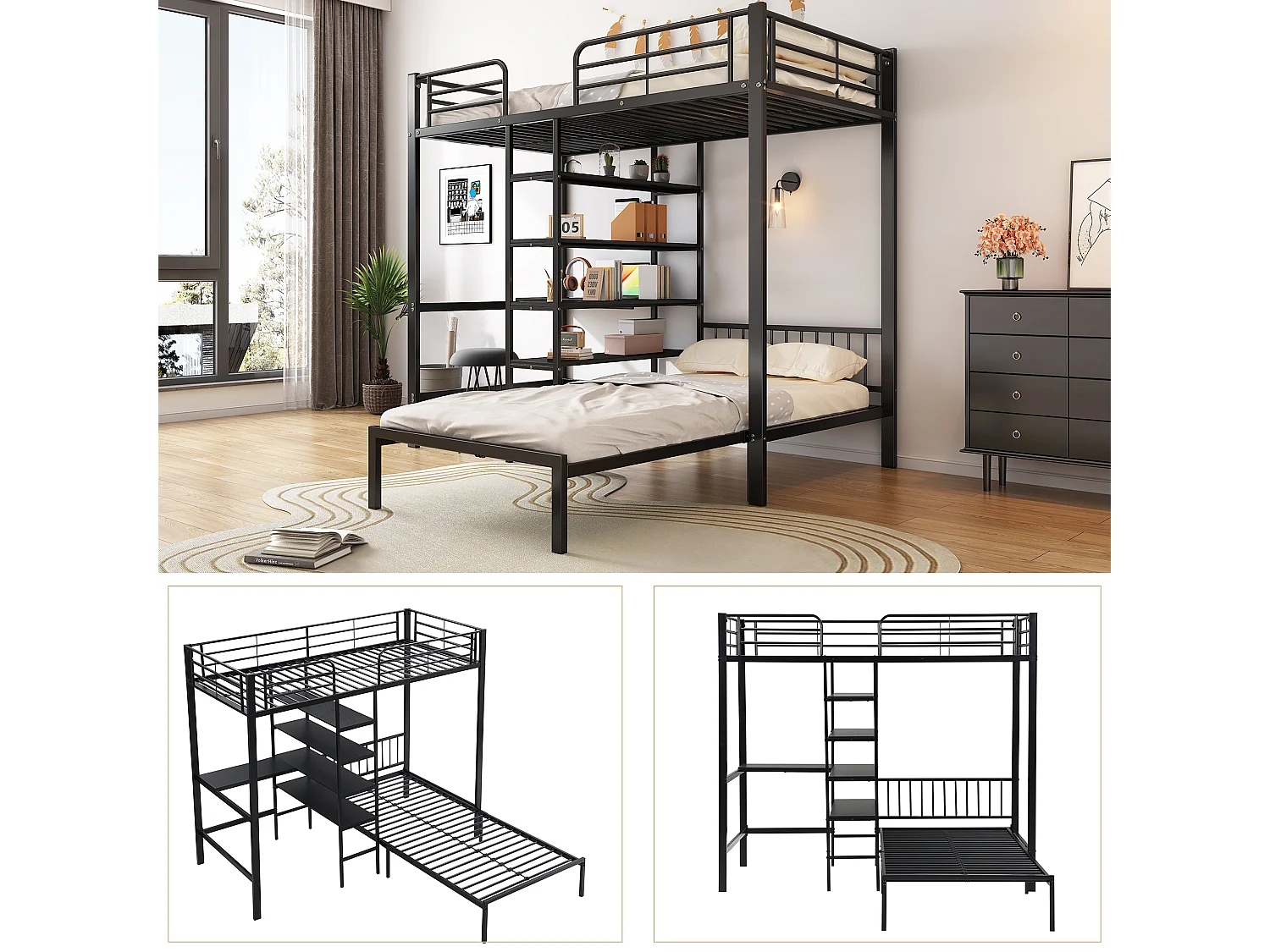 Stapelbed met bureau, planken en 5 ladderniveaus, metalen en MDF-constructie, zwart (204x205x180 cm)