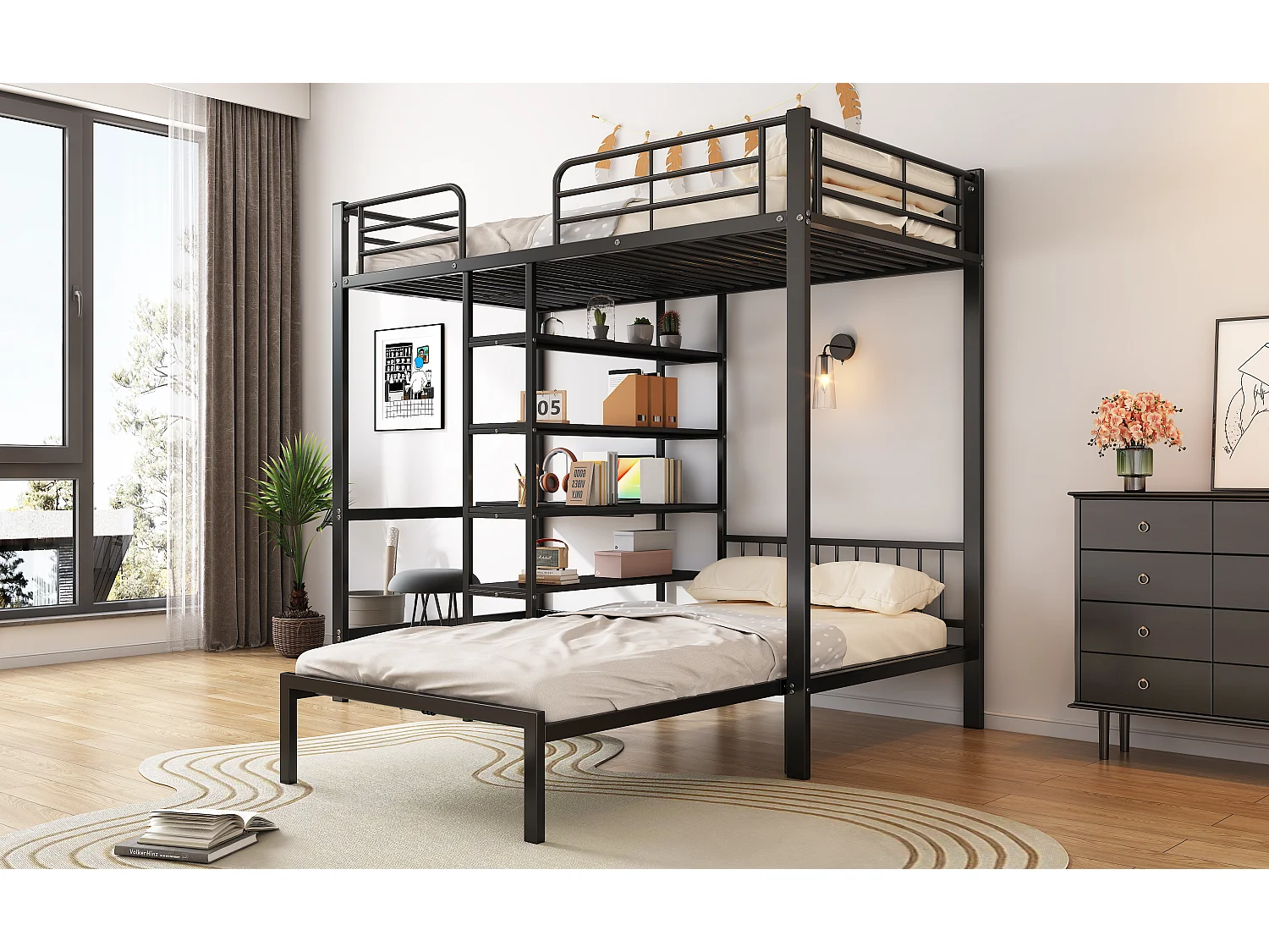 Stapelbed met bureau, planken en 5 ladderniveaus, metalen en MDF-constructie, zwart (204x205x180 cm)