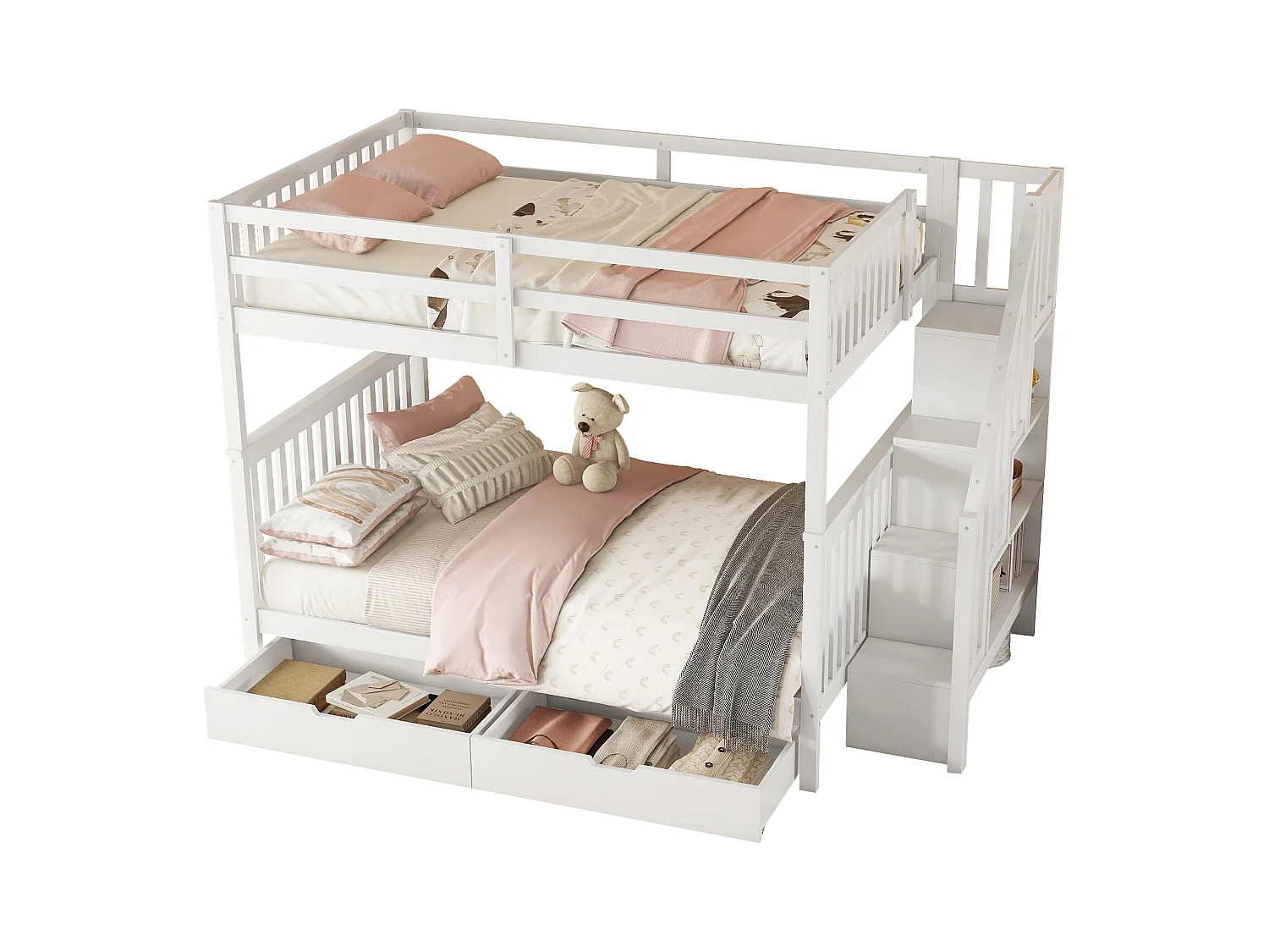 Lit superposé 140x200 cm, avec étagère d’escalier, 2 tiroirs, garde-corps élevé, certifié EN747-1, blanc (240x147x160.5 cm)