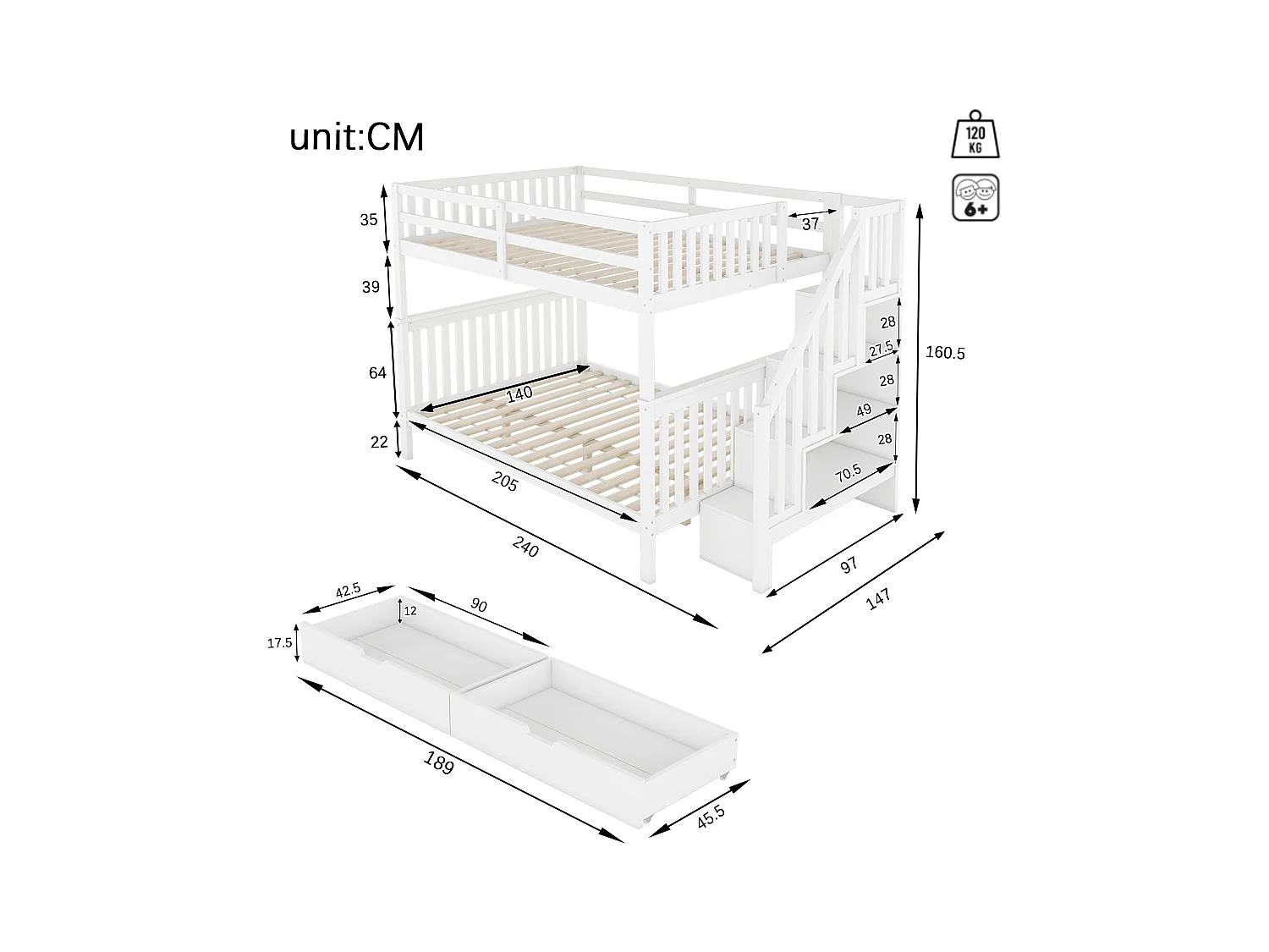 Lit superposé 140x200 cm, avec étagère d’escalier, 2 tiroirs, garde-corps élevé, certifié EN747-1, blanc (240x147x160.5 cm)